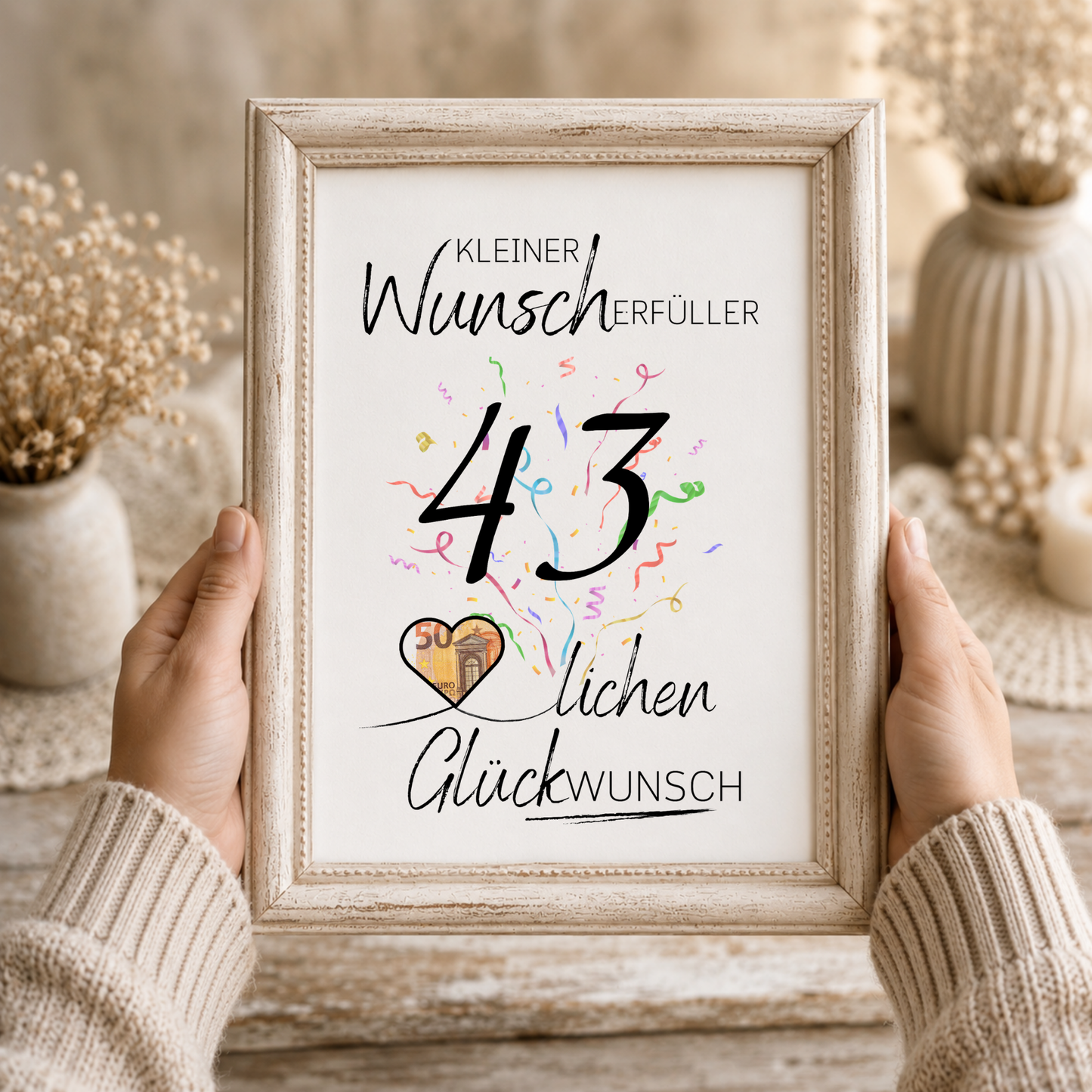 Geldgeschenk 43. Geburtstag Printable mit Konfetti, schwarzer Typografie, Herz für Geldschein, Wunscherfüller Design und Glückwunsch Schriftzug zum Ausdrucken