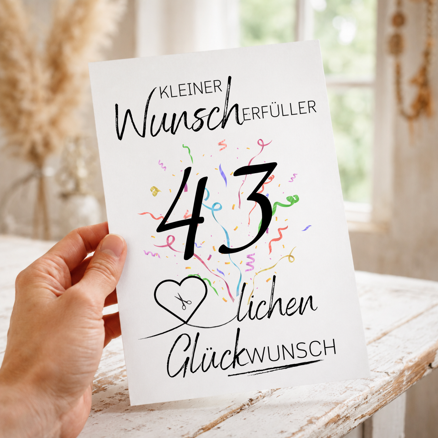 Geldgeschenk 43. Geburtstag Printable mit Konfetti, schwarzer Typografie, Herz für Geldschein, Wunscherfüller Design und Glückwunsch Schriftzug zum Ausdrucken