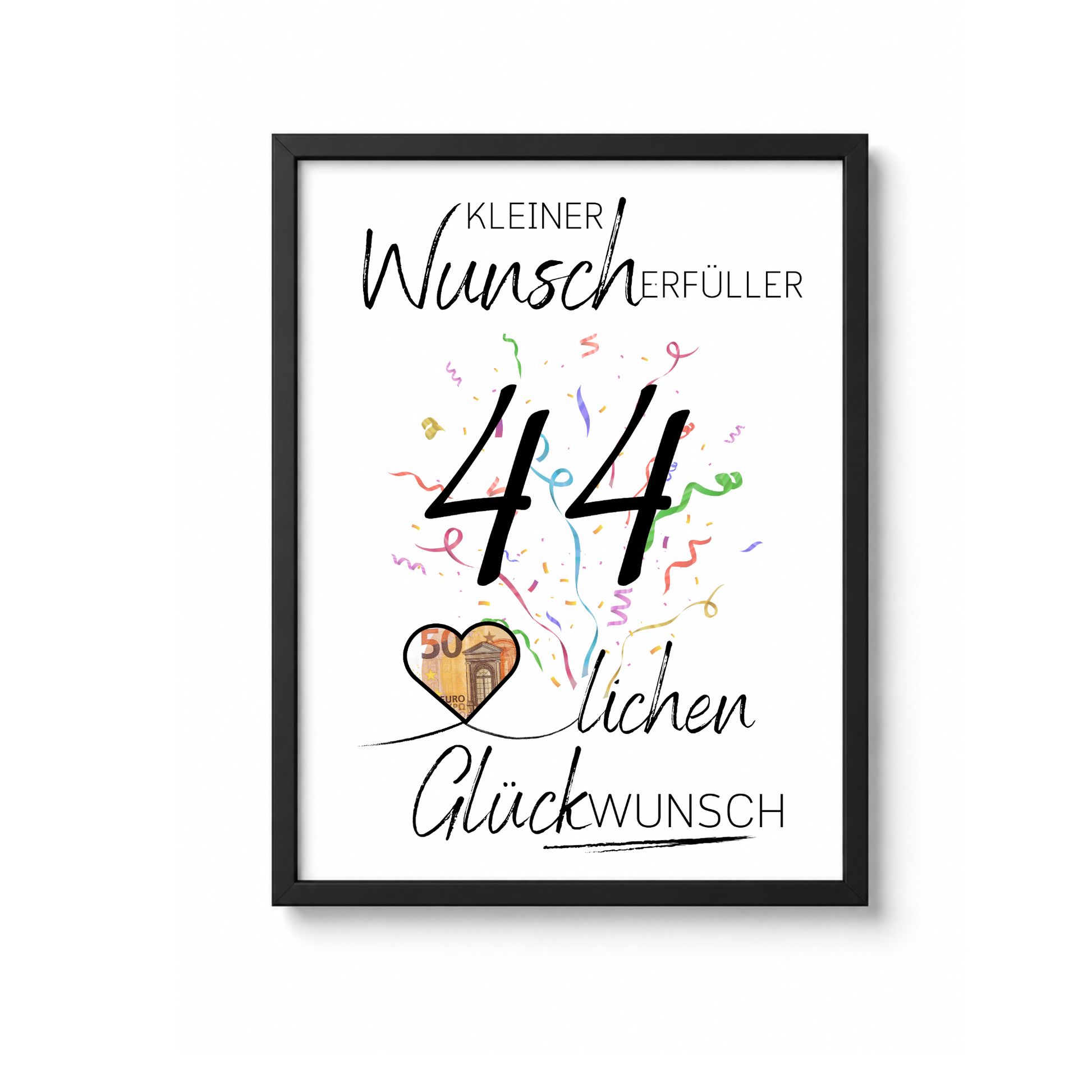 Geldgeschenk 44 Geburtstag Printable mit Konfetti, Herz für Geldschein und Schriftzug Kleiner Wunscherfüller – Digital Download DIN A4 zum Ausdrucken