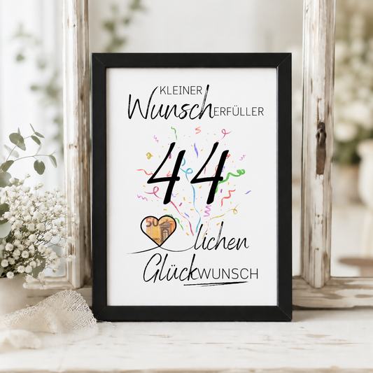 Geldgeschenk 44 Geburtstag Printable mit Konfetti, Herz für Geldschein und Schriftzug Kleiner Wunscherfüller – Digital Download DIN A4 zum Ausdrucken