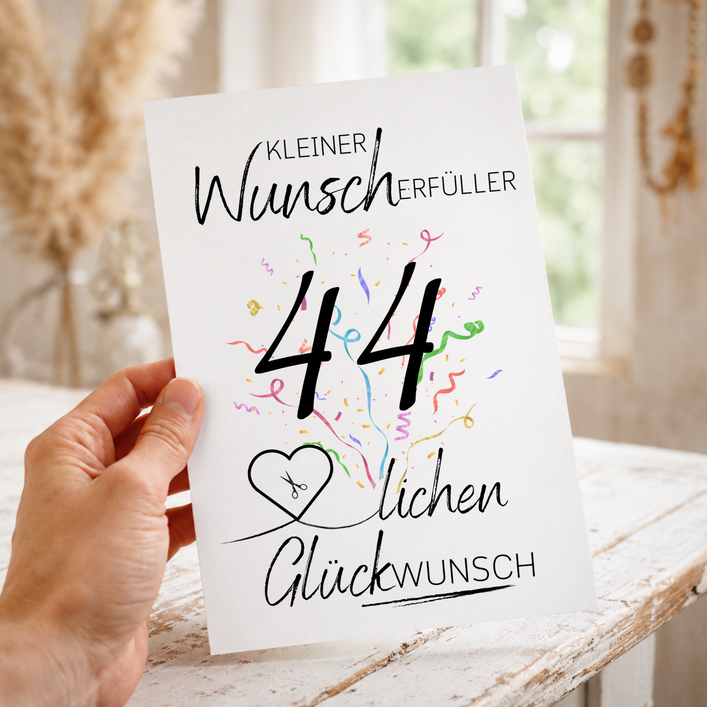 Geldgeschenk 44 Geburtstag Printable mit Konfetti, Herz für Geldschein und Schriftzug Kleiner Wunscherfüller – Digital Download DIN A4 zum Ausdrucken