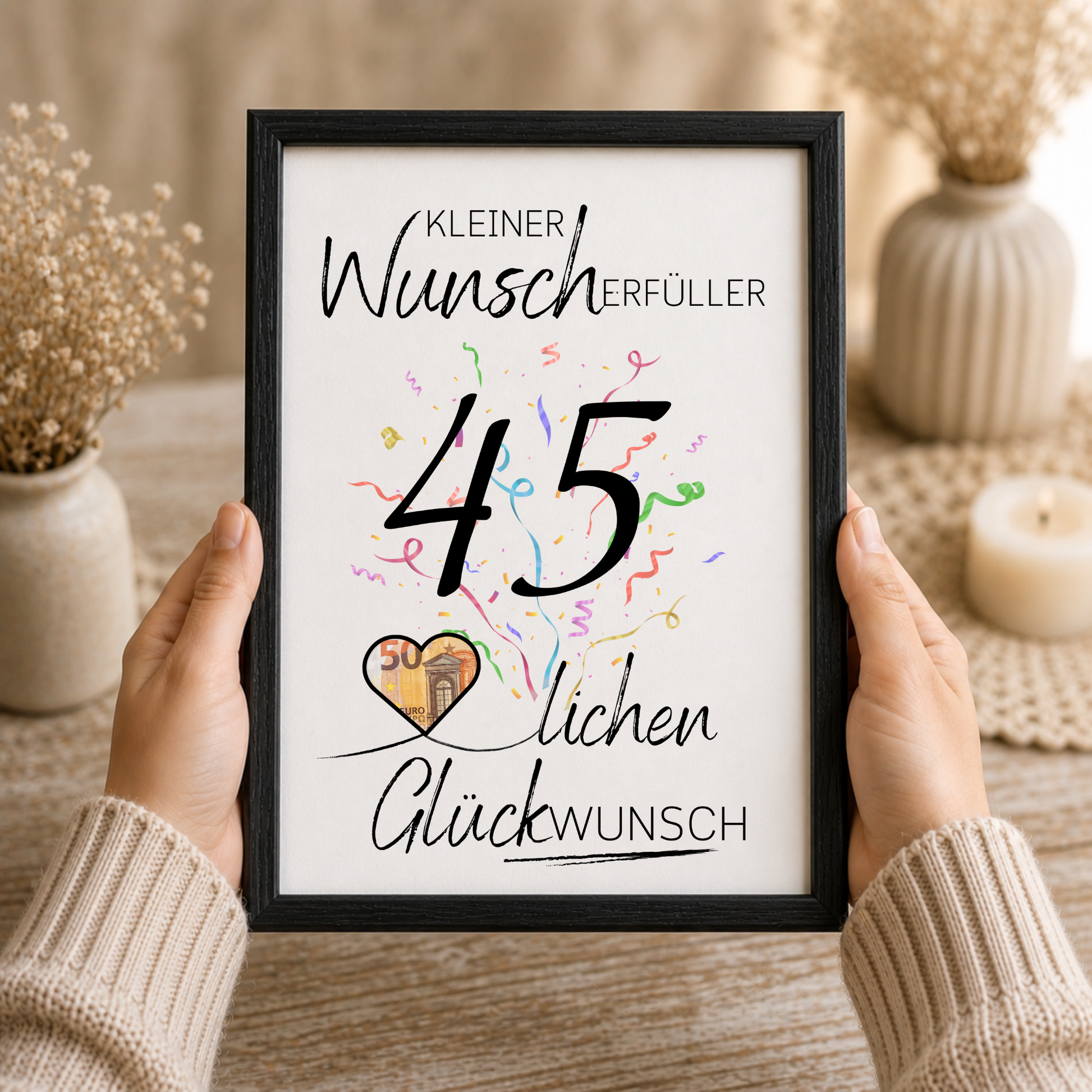 Geldgeschenk 45. Geburtstag Printable mit Konfetti, Schriftzug Kleiner Wunscherfüller, Herz für Geldschein und modernem Geburtstagsdesign zum Ausdrucken