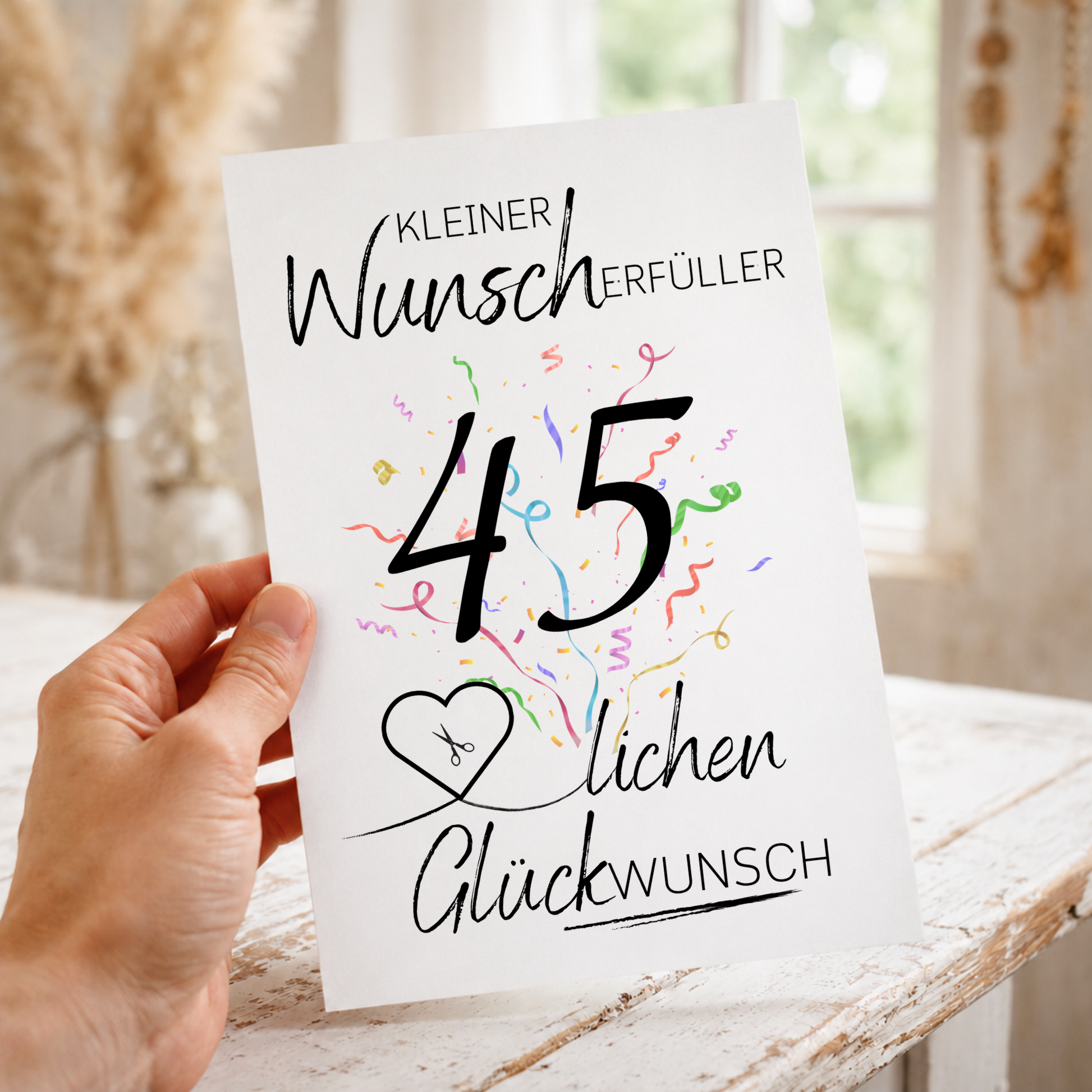 Geldgeschenk 45. Geburtstag Printable mit Konfetti, Schriftzug Kleiner Wunscherfüller, Herz für Geldschein und modernem Geburtstagsdesign zum Ausdrucken