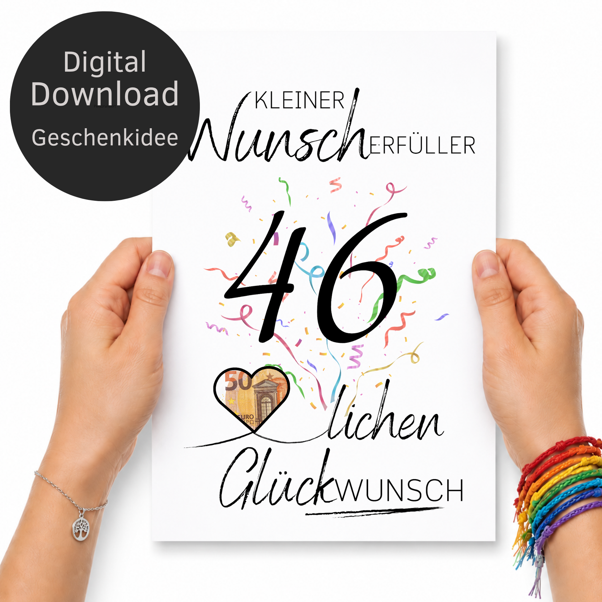 Dieses Printable eignet sich ideal für Männer und Frauen zum 46. Geburtstag und macht aus einem einfachen Geldgeschenk eine liebevolle und dekorative Überraschung.