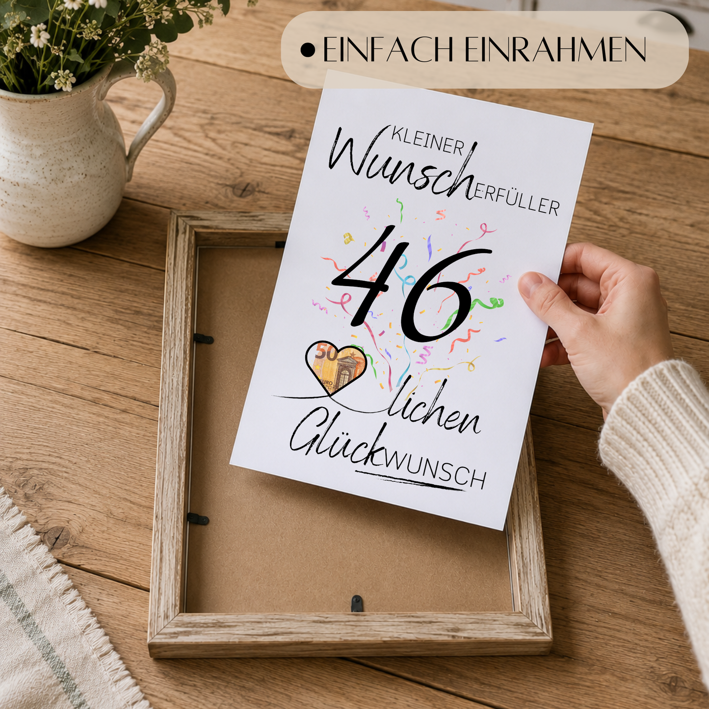Dieses Printable eignet sich ideal für Männer und Frauen zum 46. Geburtstag und macht aus einem einfachen Geldgeschenk eine liebevolle und dekorative Überraschung.