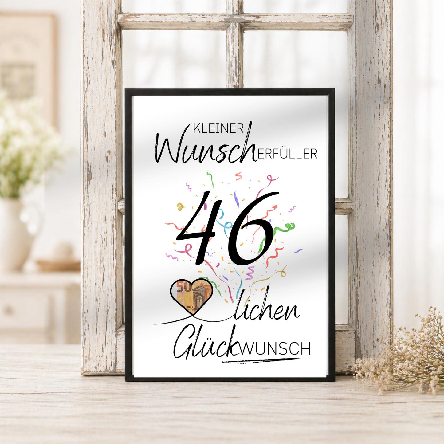 Dieses Printable eignet sich ideal für Männer und Frauen zum 46. Geburtstag und macht aus einem einfachen Geldgeschenk eine liebevolle und dekorative Überraschung.
