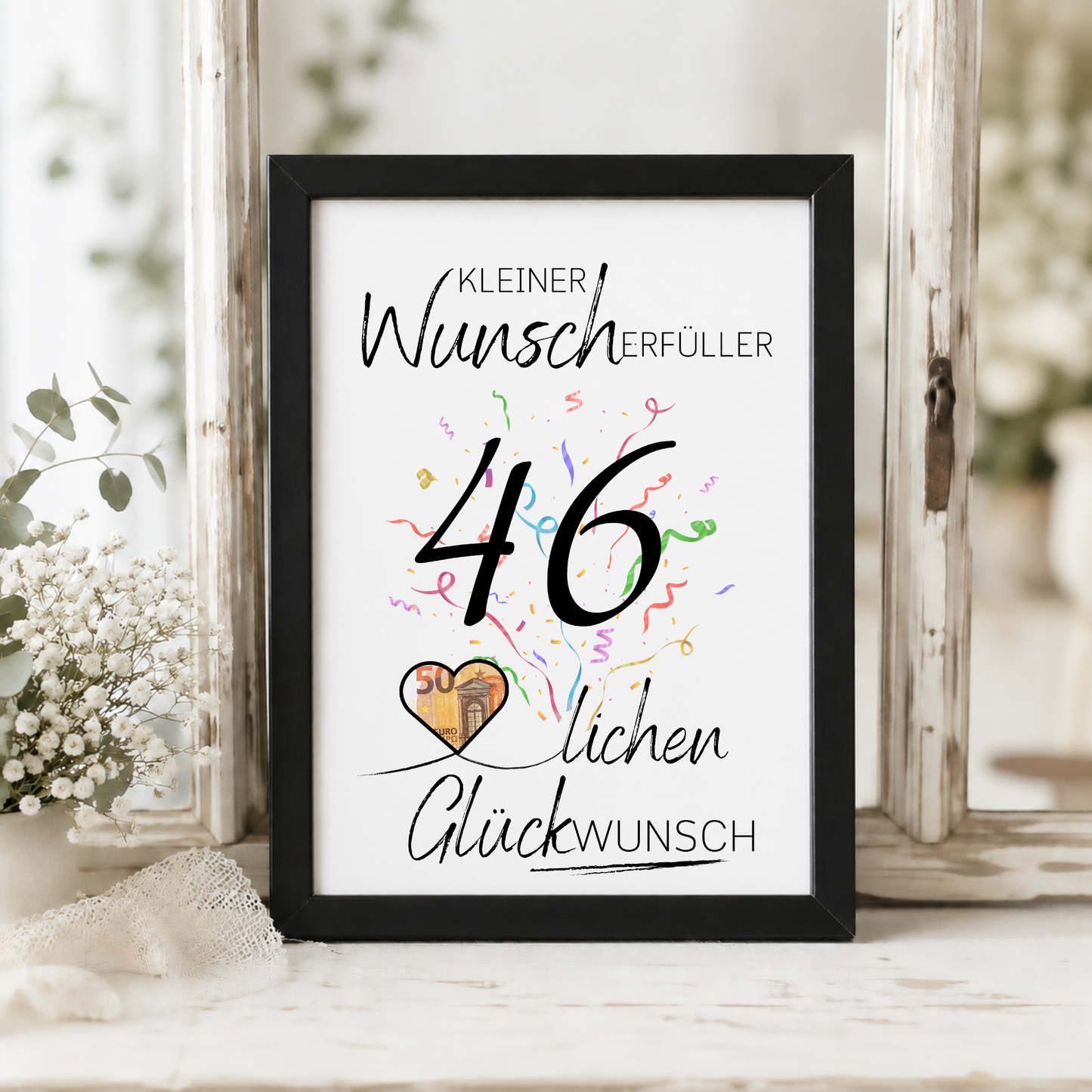 Dieses Printable eignet sich ideal für Männer und Frauen zum 46. Geburtstag und macht aus einem einfachen Geldgeschenk eine liebevolle und dekorative Überraschung.