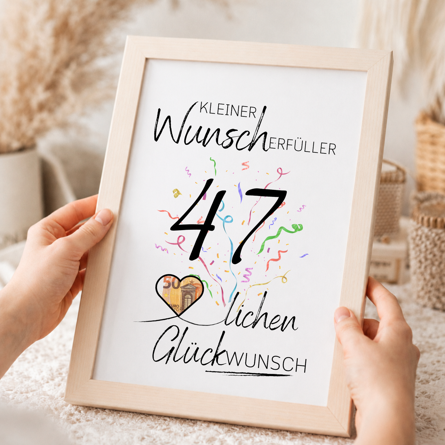 Geldgeschenk 47. Geburtstag Printable mit Konfetti, Herzmotiv für Geldschein, Wunscherfüller Design, Glückwunsch Poster zum Ausdrucken DIN A4