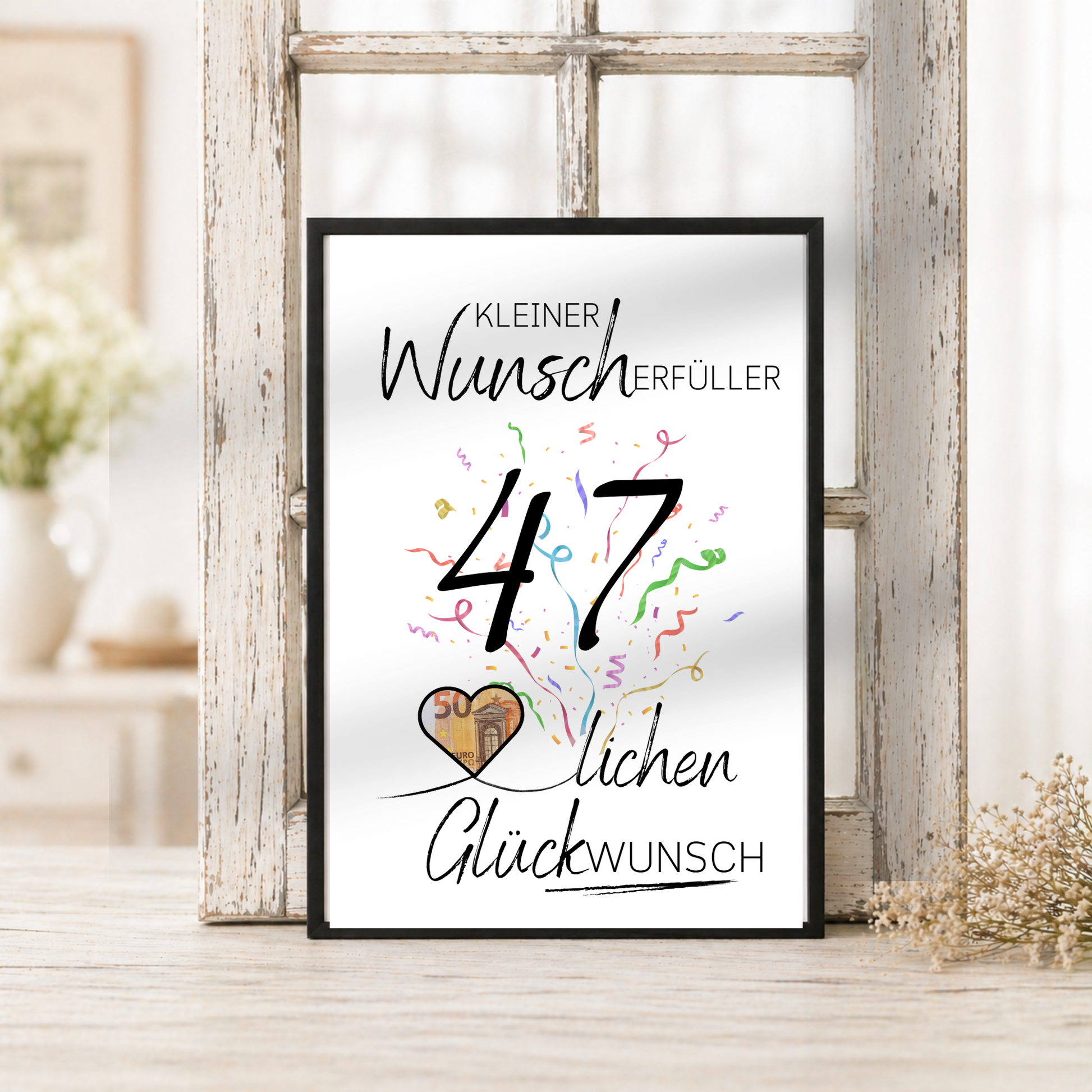 Geldgeschenk 47. Geburtstag Printable mit Konfetti, Herzmotiv für Geldschein, Wunscherfüller Design, Glückwunsch Poster zum Ausdrucken DIN A4