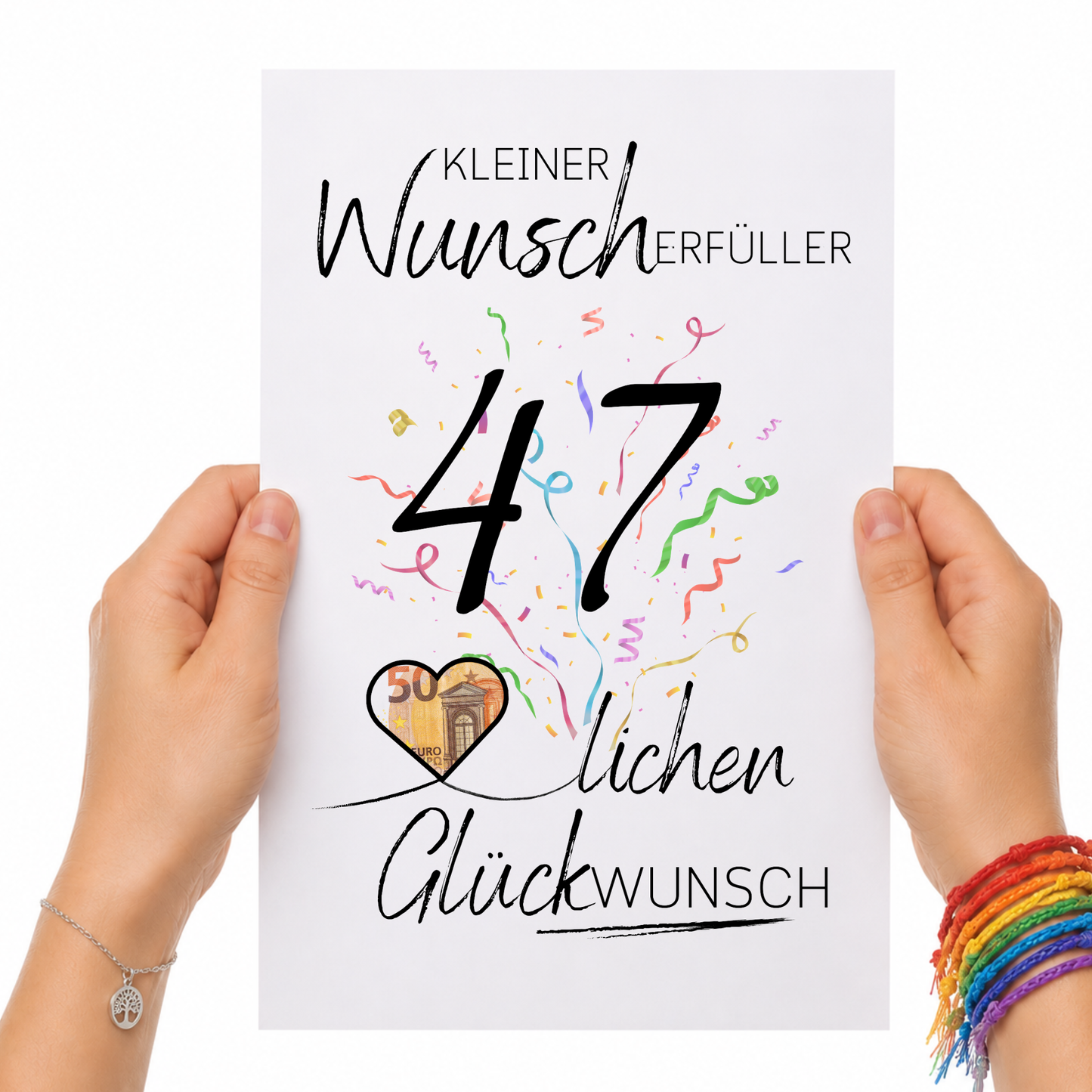Geldgeschenk 47. Geburtstag Printable mit Konfetti, Herzmotiv für Geldschein, Wunscherfüller Design, Glückwunsch Poster zum Ausdrucken DIN A4