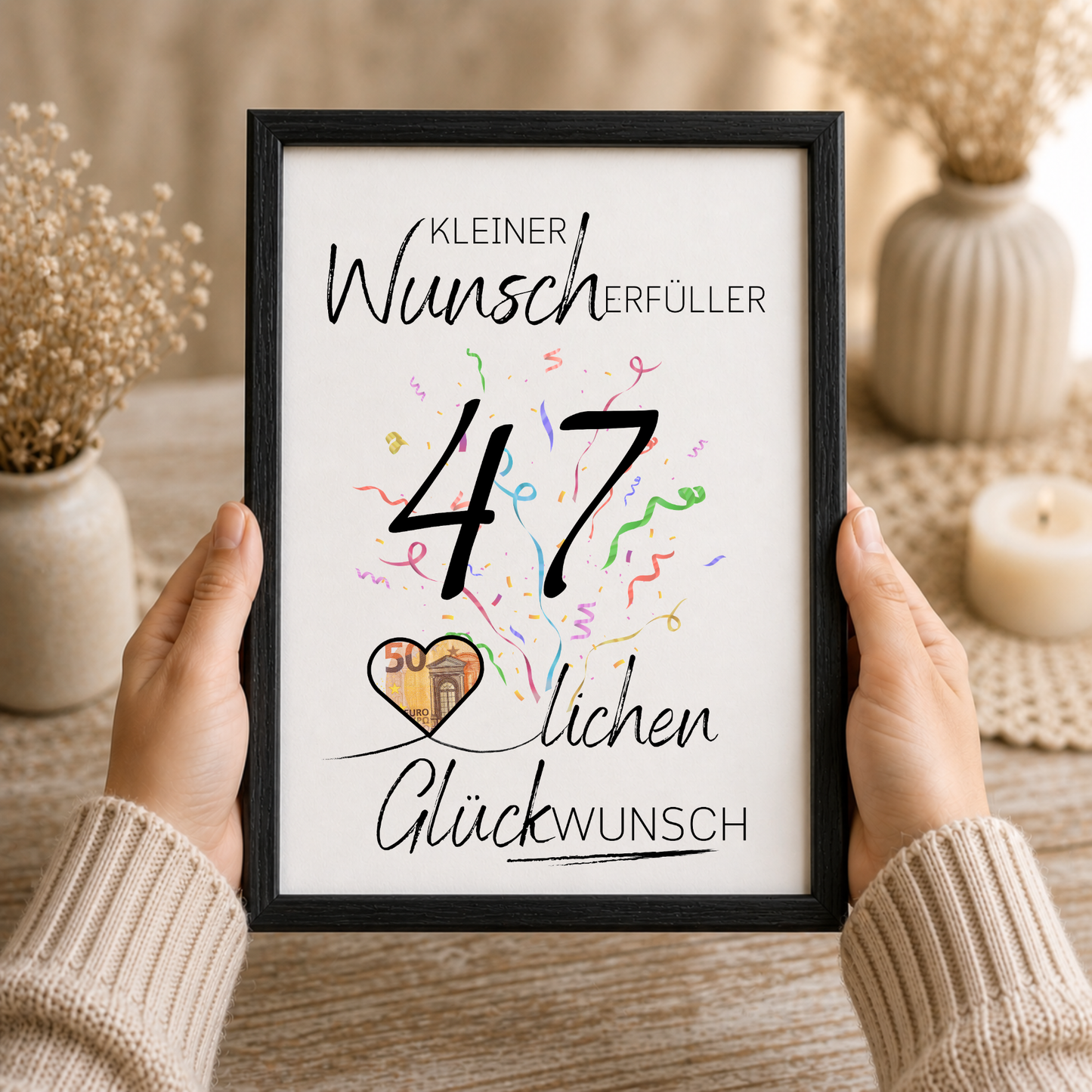 Geldgeschenk 47. Geburtstag Printable mit Konfetti, Herzmotiv für Geldschein, Wunscherfüller Design, Glückwunsch Poster zum Ausdrucken DIN A4