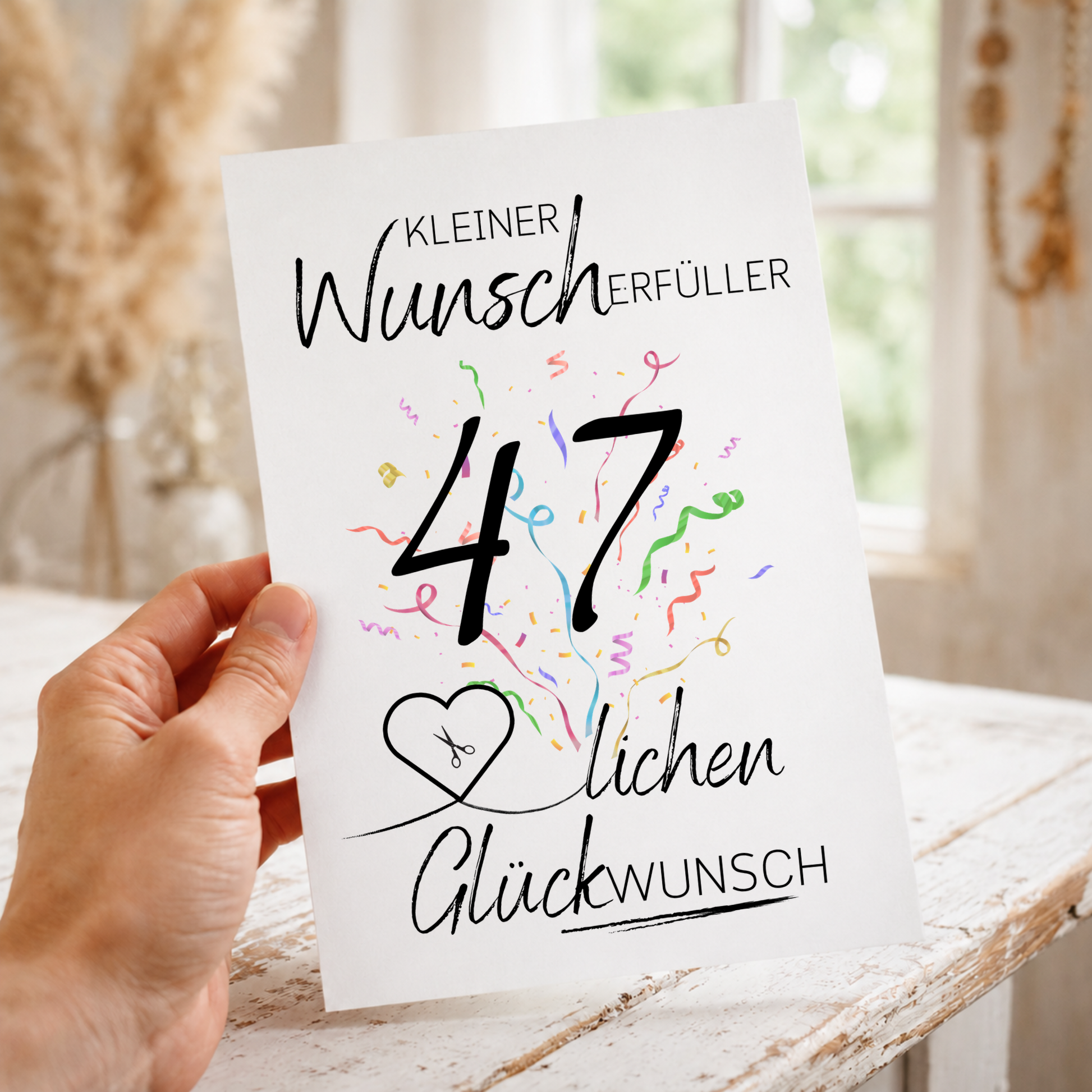 Geldgeschenk 47. Geburtstag Printable mit Konfetti, Herzmotiv für Geldschein, Wunscherfüller Design, Glückwunsch Poster zum Ausdrucken DIN A4