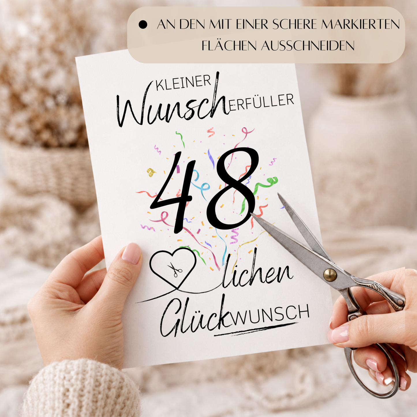 Geldgeschenk 48. Geburtstag Printable mit Konfetti, Herzmotiv für Geldschein, kleiner Wunscherfüller, Digital Download zum Ausdrucken