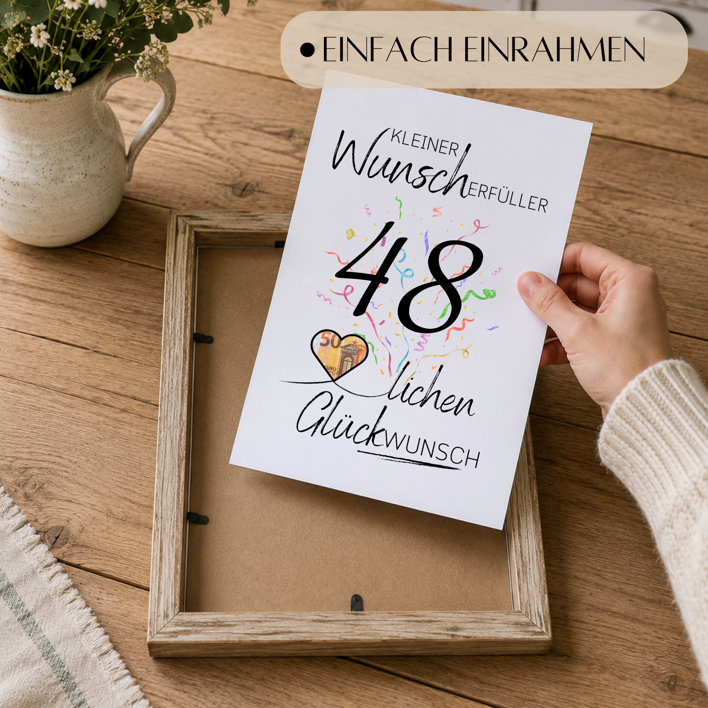 Geldgeschenk 48. Geburtstag Printable mit Konfetti, Herzmotiv für Geldschein, kleiner Wunscherfüller, Digital Download zum Ausdrucken