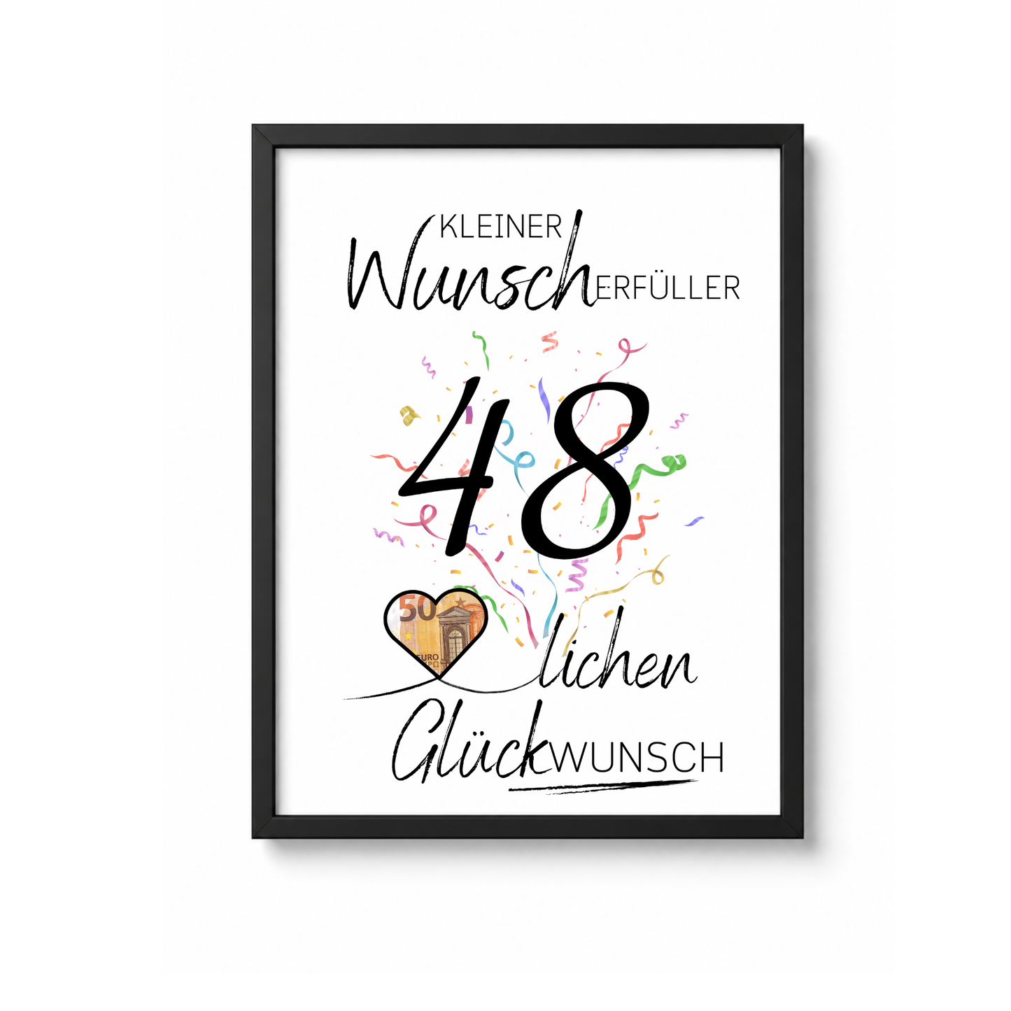 Geldgeschenk 48. Geburtstag Printable mit Konfetti, Herzmotiv für Geldschein, kleiner Wunscherfüller, Digital Download zum Ausdrucken