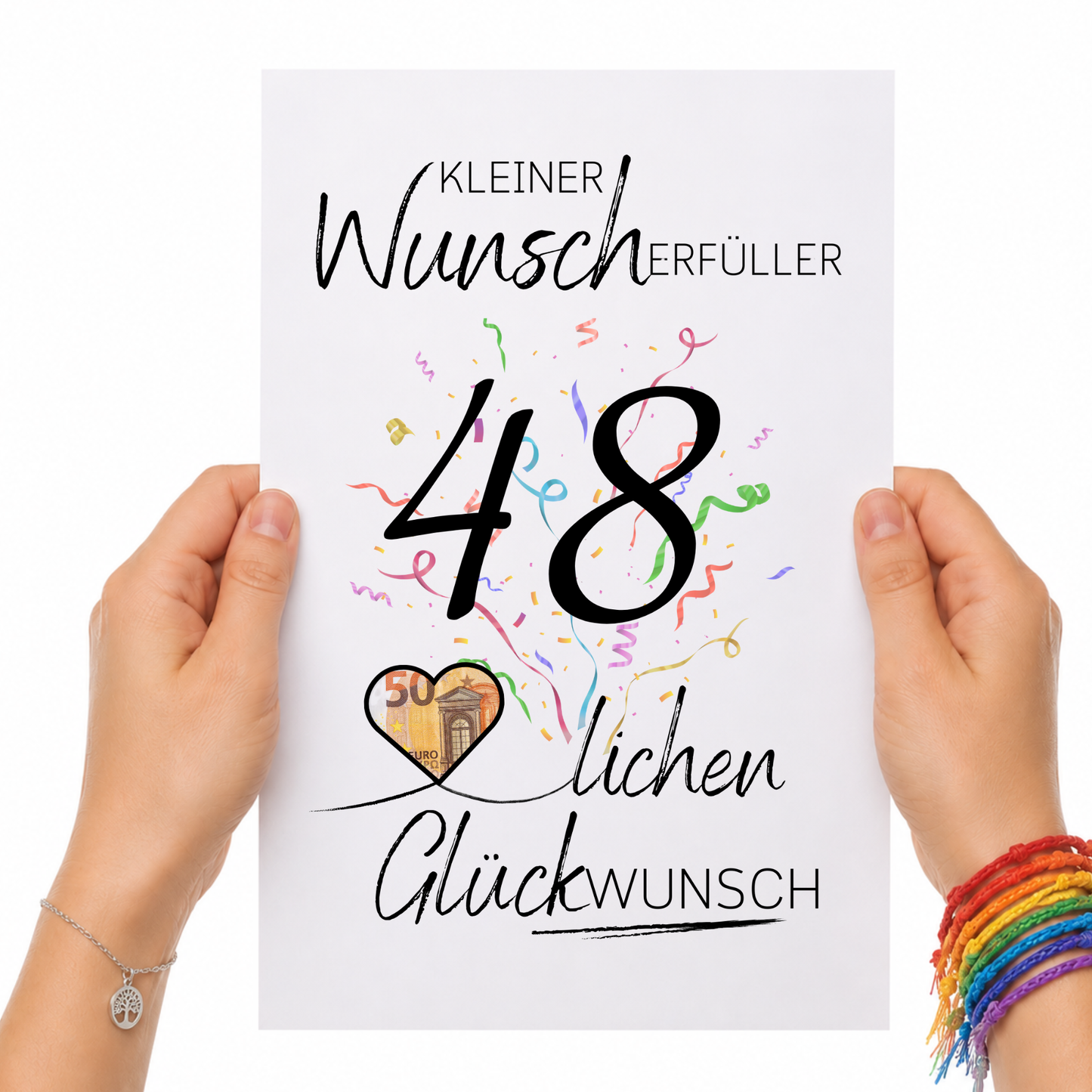 Geldgeschenk 48. Geburtstag Printable mit Konfetti, Herzmotiv für Geldschein, kleiner Wunscherfüller, Digital Download zum Ausdrucken