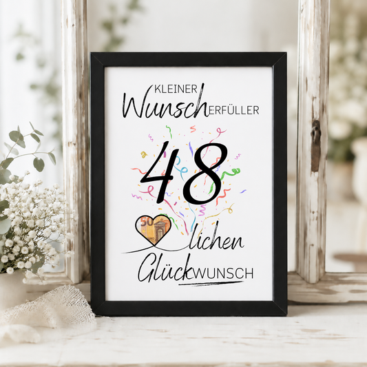 Geldgeschenk 48. Geburtstag Printable mit Konfetti, Herzmotiv für Geldschein, kleiner Wunscherfüller, Digital Download zum Ausdrucken
