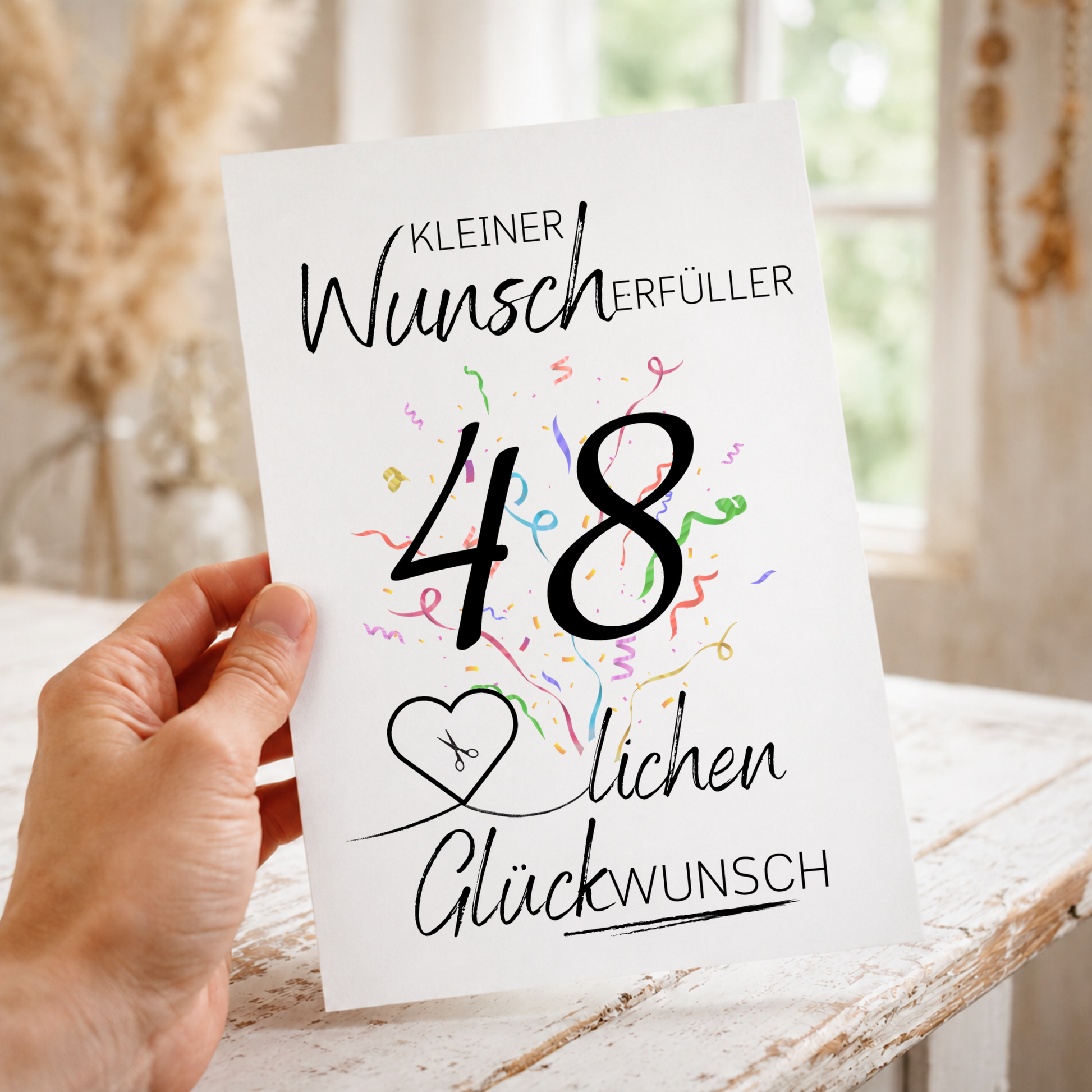 Geldgeschenk 48. Geburtstag Printable mit Konfetti, Herzmotiv für Geldschein, kleiner Wunscherfüller, Digital Download zum Ausdrucken