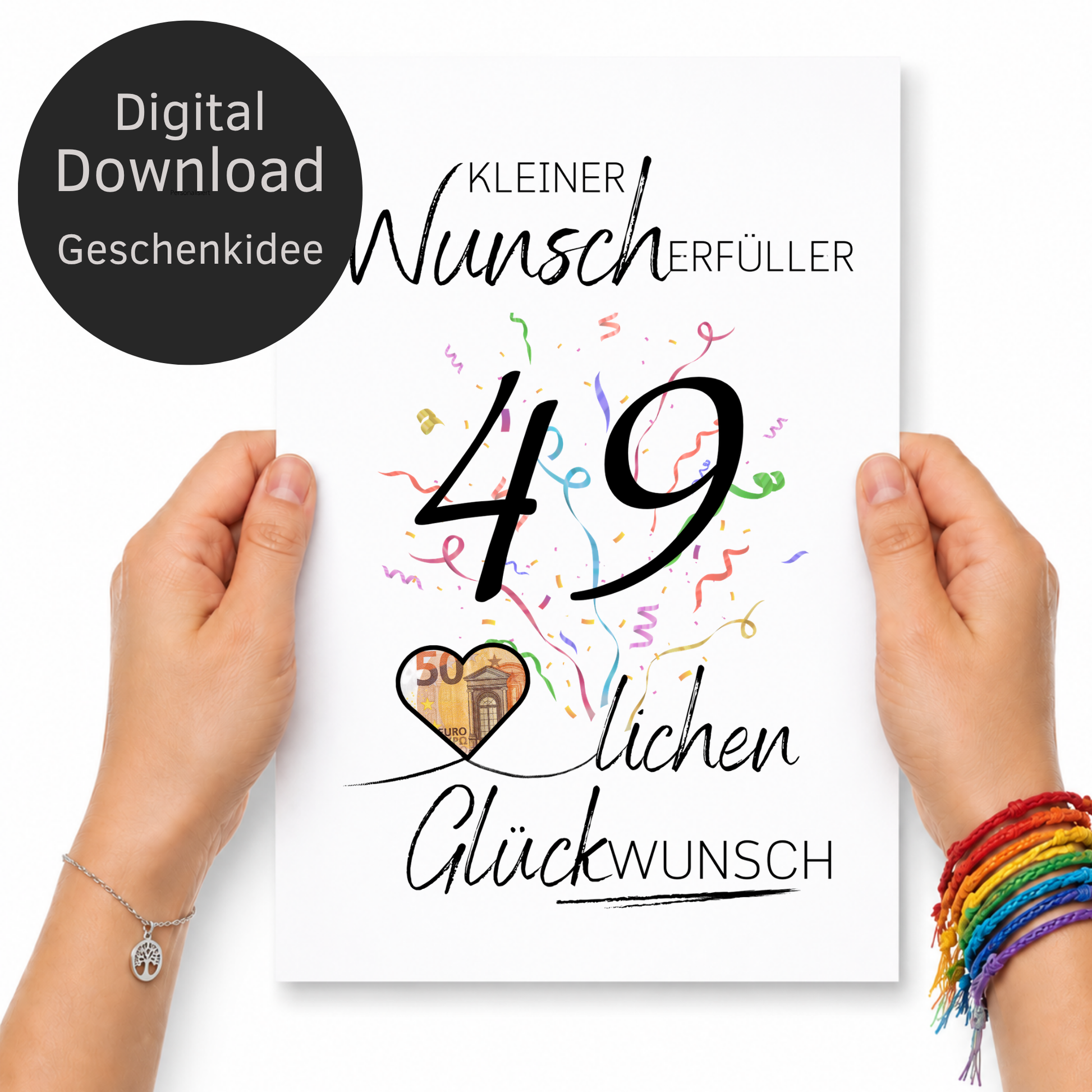 Geldgeschenk 49. Geburtstag Printable mit Konfetti, Schriftzug „Kleiner Wunscherfüller“, Herz zum Ausschneiden für Geldschein und modernem schwarz-weiß Design als Digital Download DIN A4