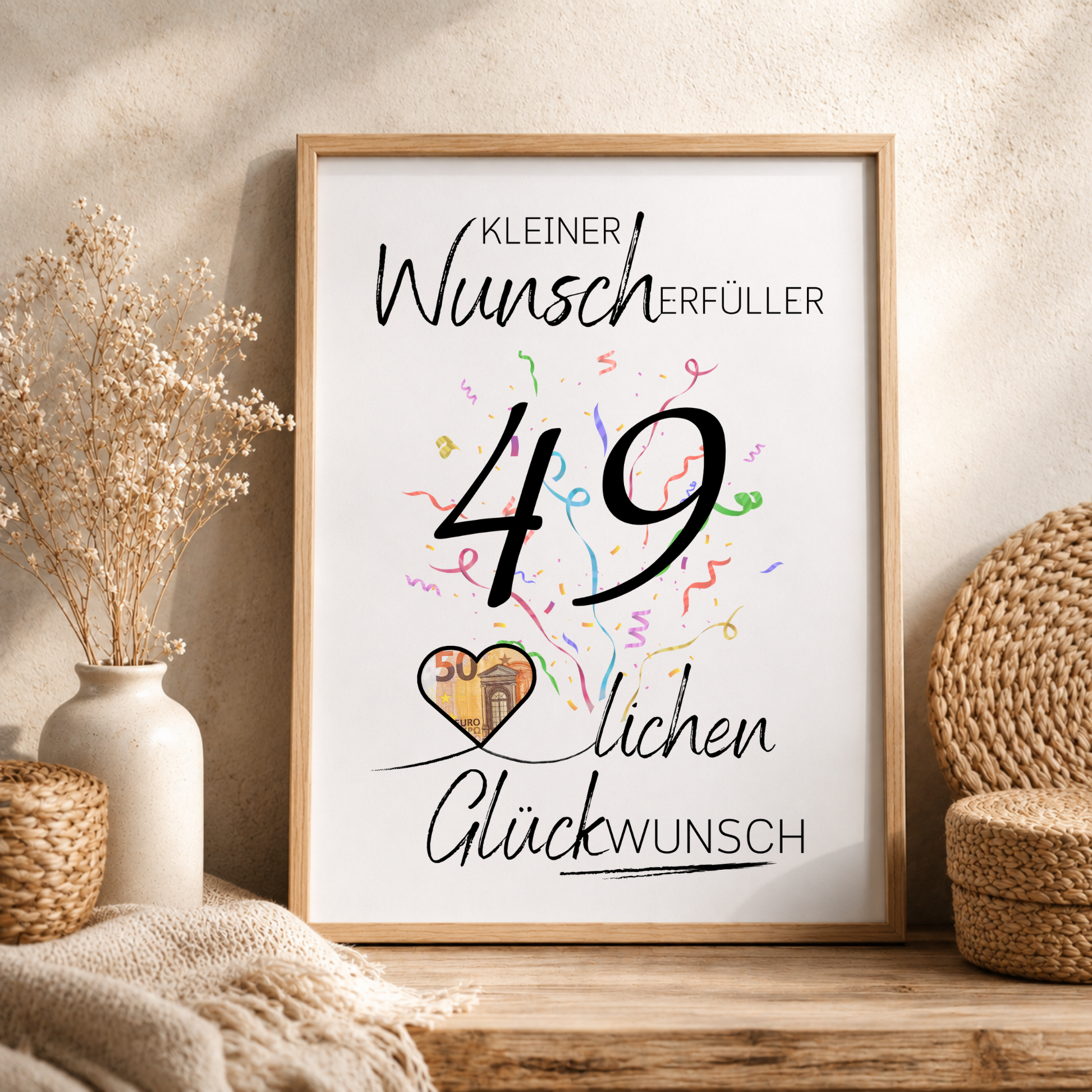 Geldgeschenk 49. Geburtstag Printable mit Konfetti, Schriftzug „Kleiner Wunscherfüller“, Herz zum Ausschneiden für Geldschein und modernem schwarz-weiß Design als Digital Download DIN A4