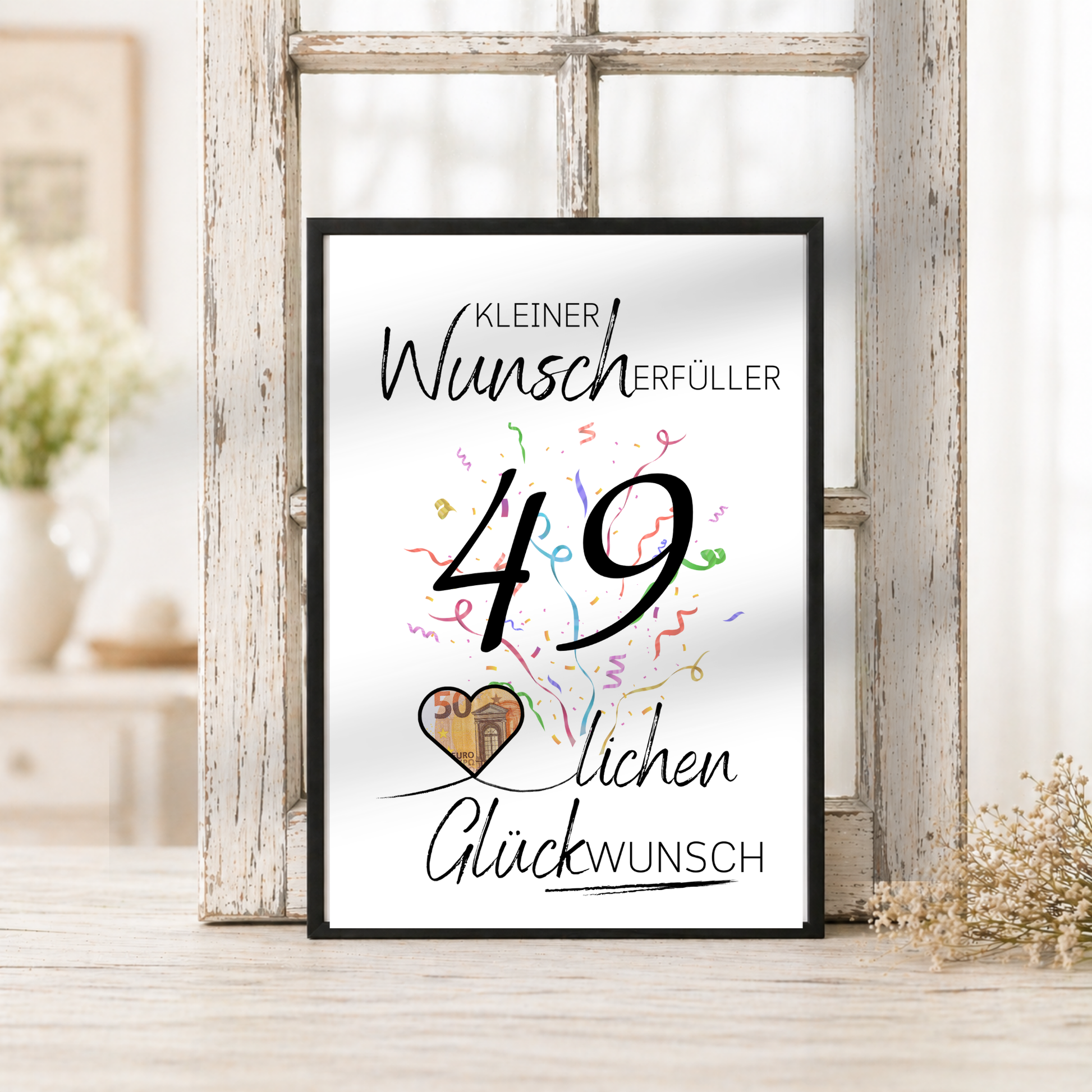Geldgeschenk 49. Geburtstag Printable mit Konfetti, Schriftzug „Kleiner Wunscherfüller“, Herz zum Ausschneiden für Geldschein und modernem schwarz-weiß Design als Digital Download DIN A4