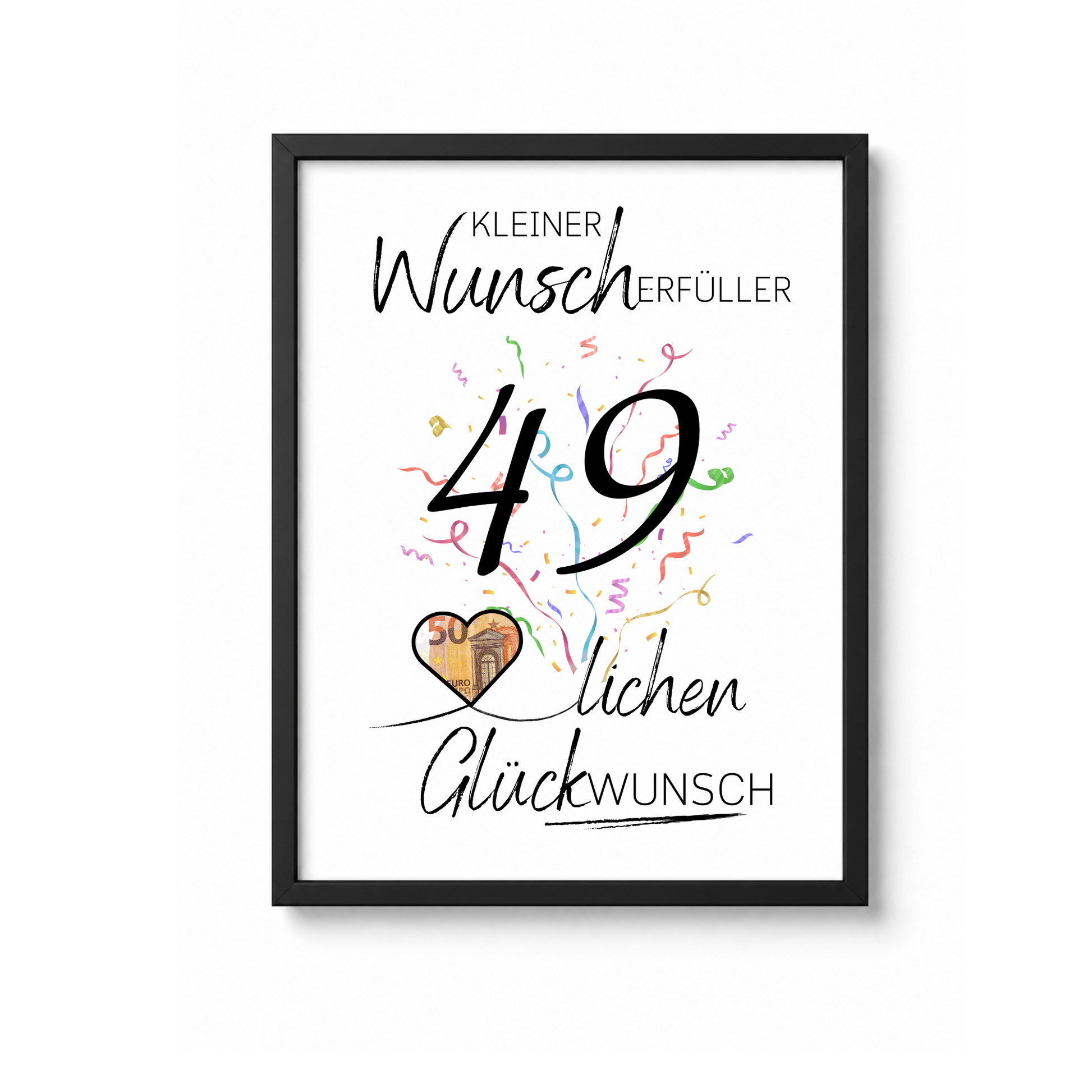 Geldgeschenk 49. Geburtstag Printable mit Konfetti, Schriftzug „Kleiner Wunscherfüller“, Herz zum Ausschneiden für Geldschein und modernem schwarz-weiß Design als Digital Download DIN A4