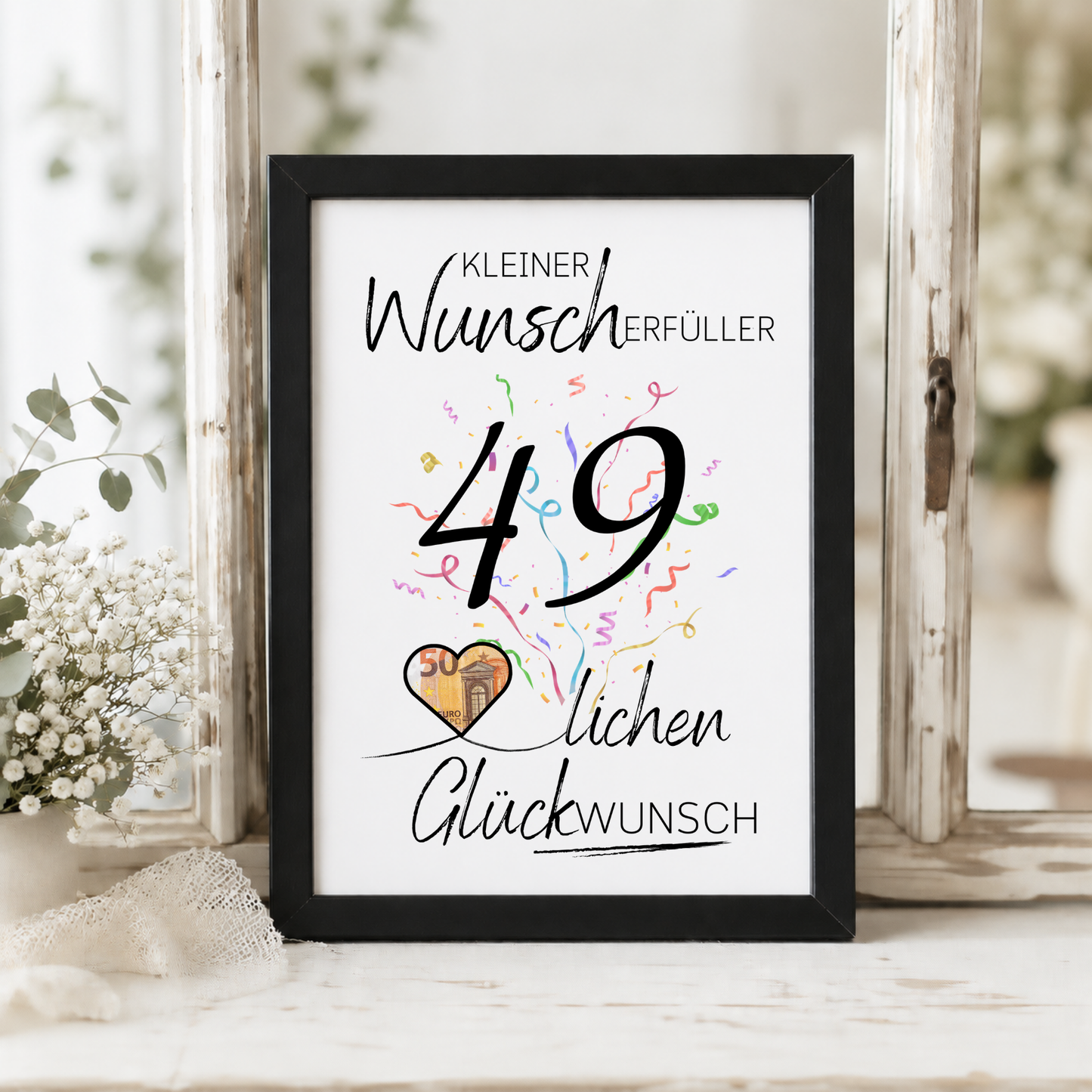 Geldgeschenk 49. Geburtstag Printable mit Konfetti, Schriftzug „Kleiner Wunscherfüller“, Herz zum Ausschneiden für Geldschein und modernem schwarz-weiß Design als Digital Download DIN A4