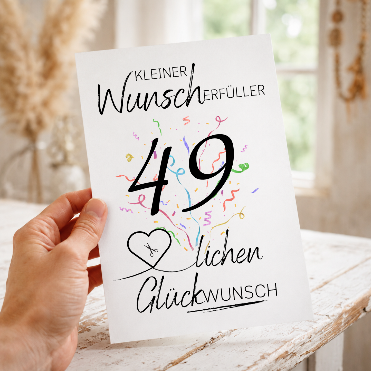 Geldgeschenk 49. Geburtstag Printable mit Konfetti, Schriftzug „Kleiner Wunscherfüller“, Herz zum Ausschneiden für Geldschein und modernem schwarz-weiß Design als Digital Download DIN A4
