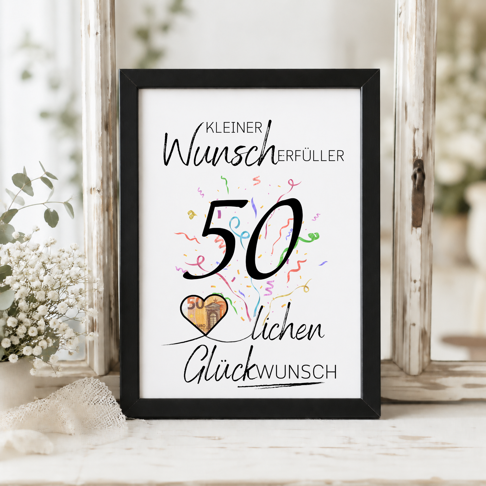Geldgeschenk 50. Geburtstag Printable mit großer schwarzer Zahl 50, Schriftzug Kleiner Wunscherfüller, buntem Konfetti und Herz für Geldschein als Digital Download DIN A4