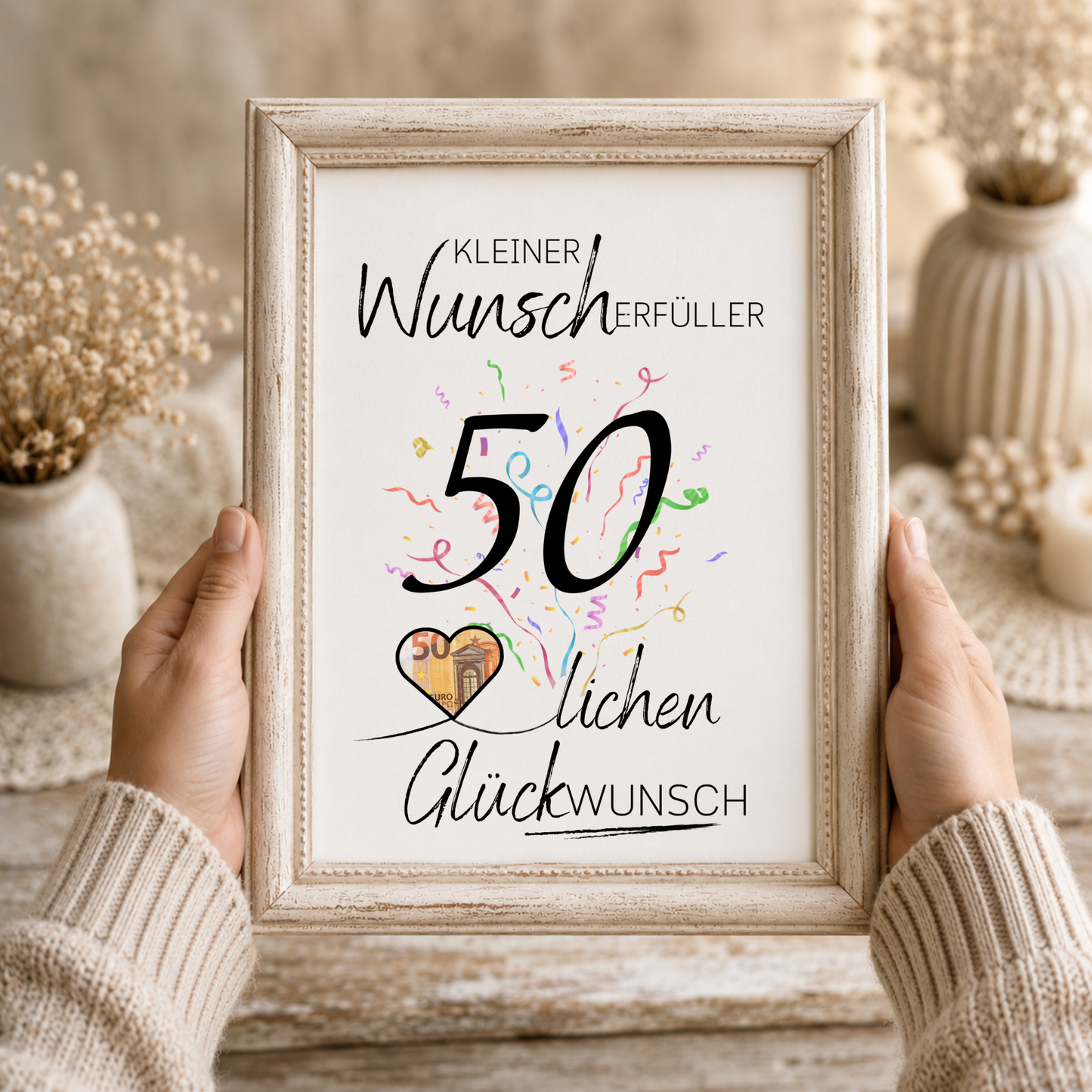 Geldgeschenk 50. Geburtstag Printable mit großer schwarzer Zahl 50, Schriftzug Kleiner Wunscherfüller, buntem Konfetti und Herz für Geldschein als Digital Download DIN A4