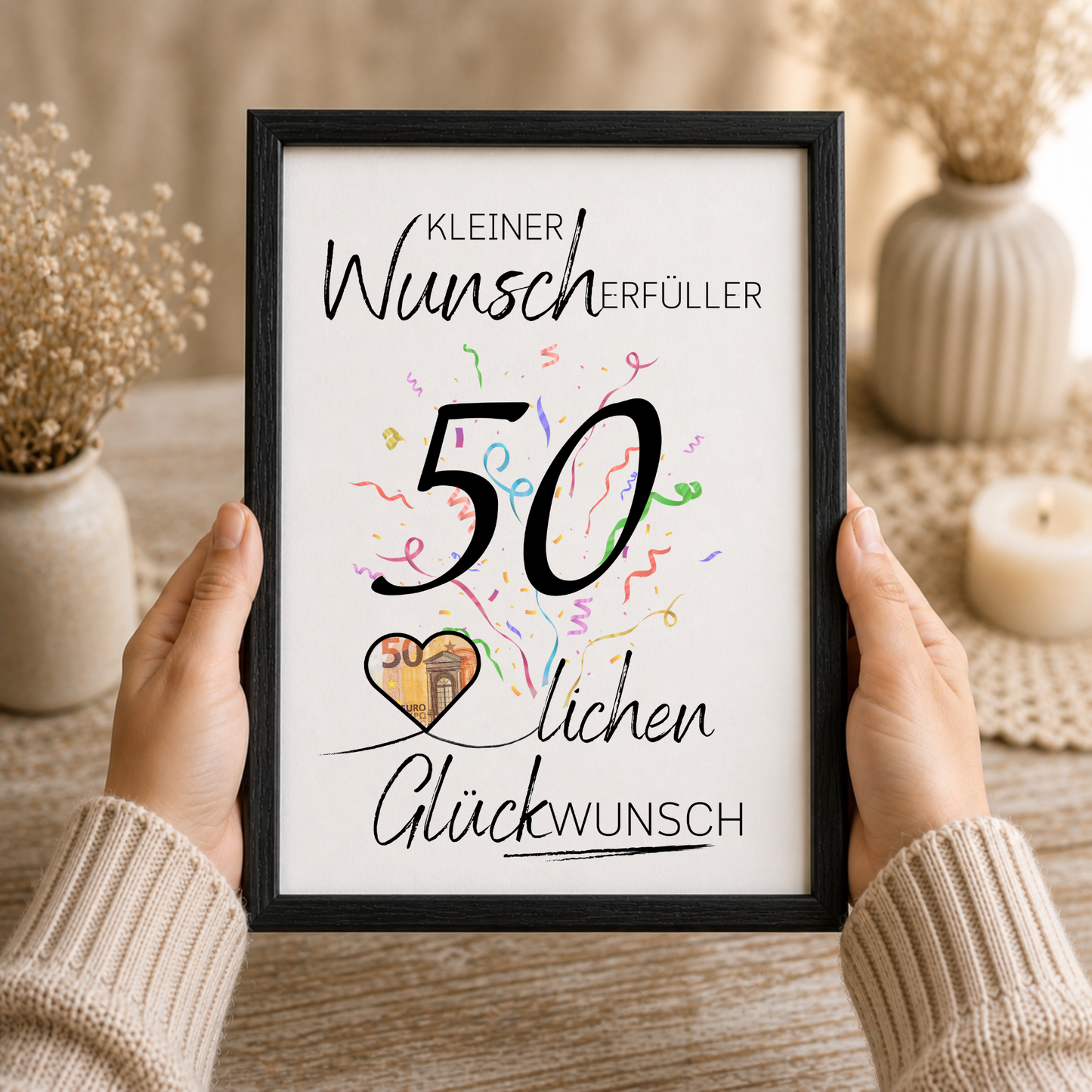 Geldgeschenk 50. Geburtstag Printable mit großer schwarzer Zahl 50, Schriftzug Kleiner Wunscherfüller, buntem Konfetti und Herz für Geldschein als Digital Download DIN A4