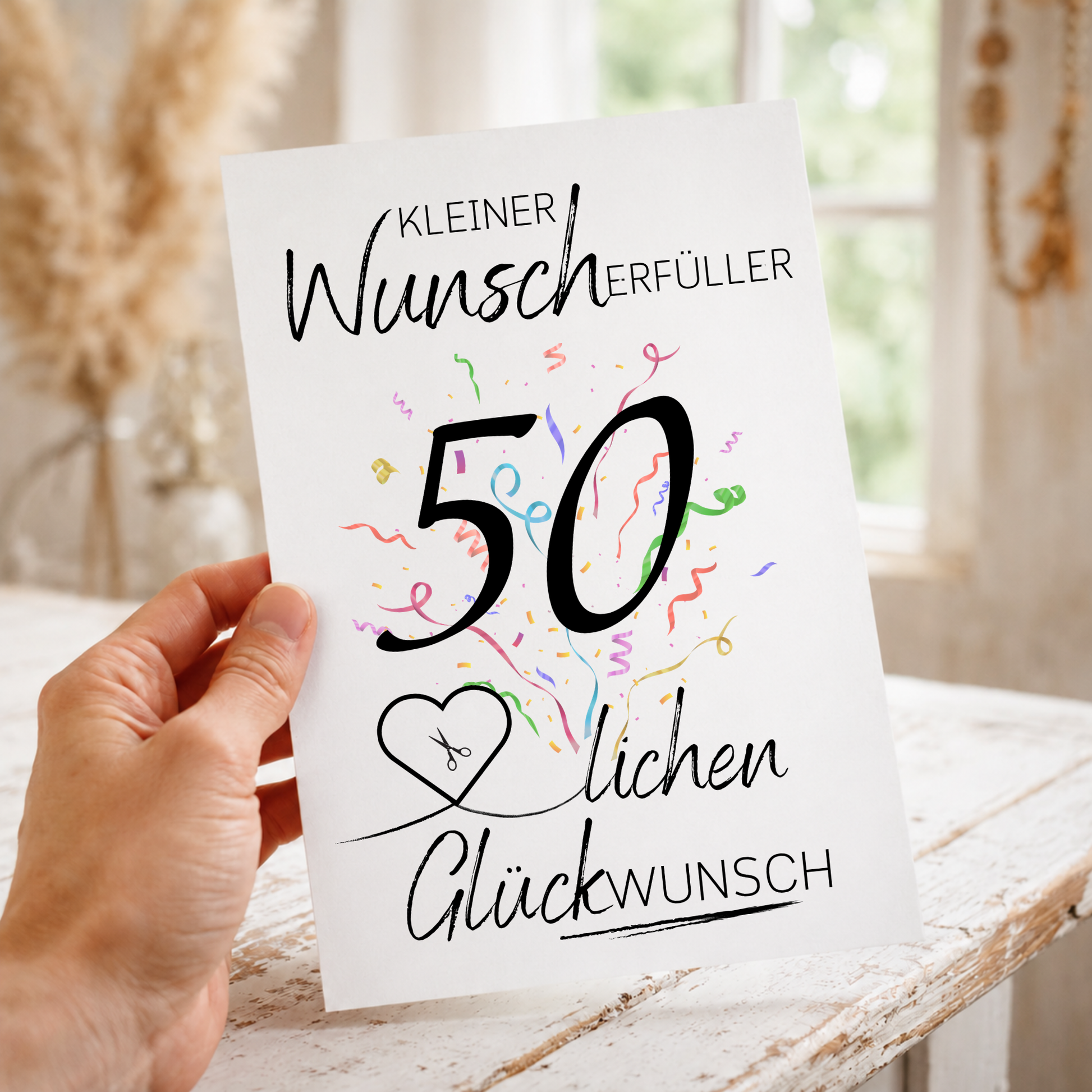 Geldgeschenk 50. Geburtstag Printable mit großer schwarzer Zahl 50, Schriftzug Kleiner Wunscherfüller, buntem Konfetti und Herz für Geldschein als Digital Download DIN A4