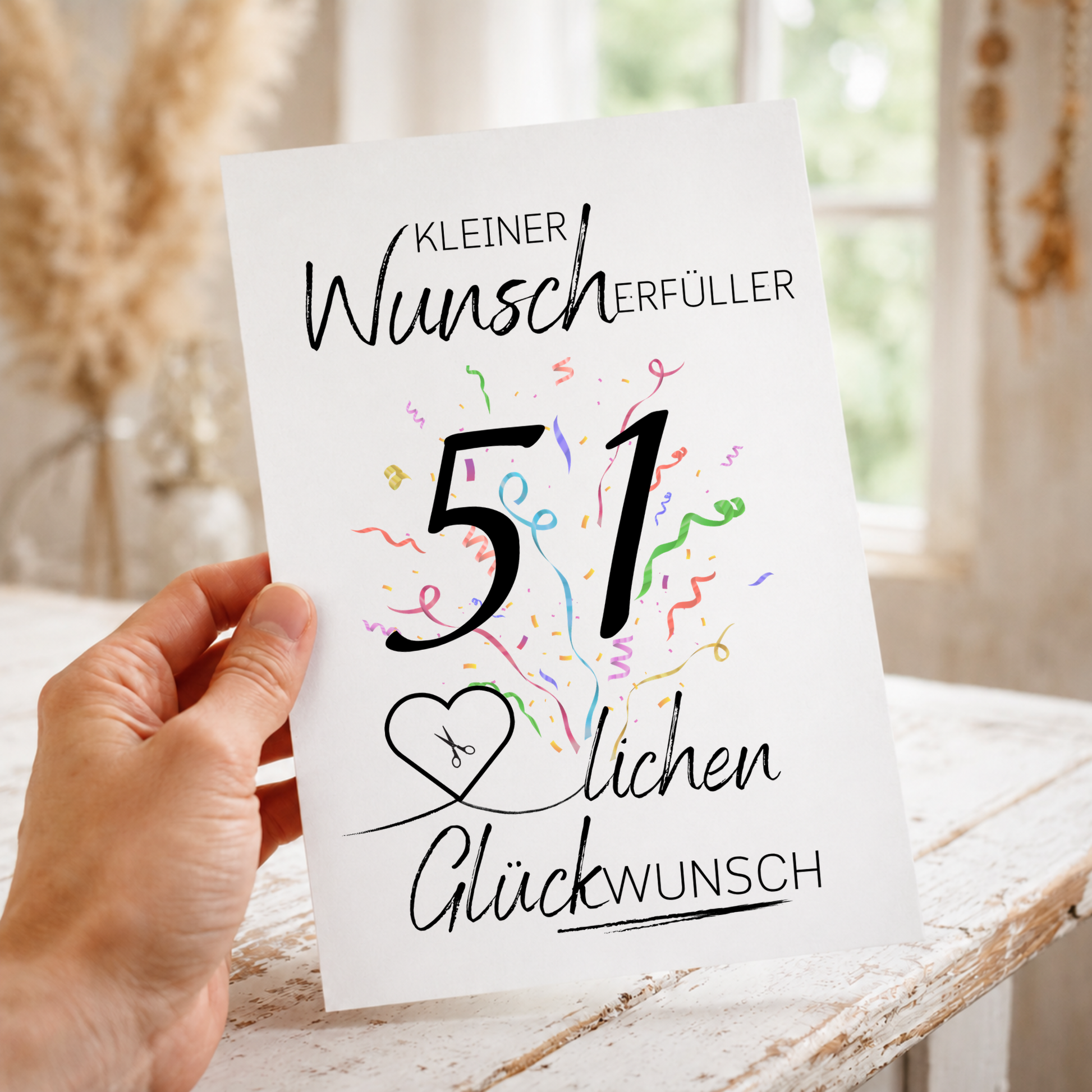 Geldgeschenk 51 Geburtstag Printable mit Konfetti, großer Zahl 51, Herzmotiv für Geldschein und Schriftzug Kleiner Wunscherfüller Glückwunsch als Digital Download