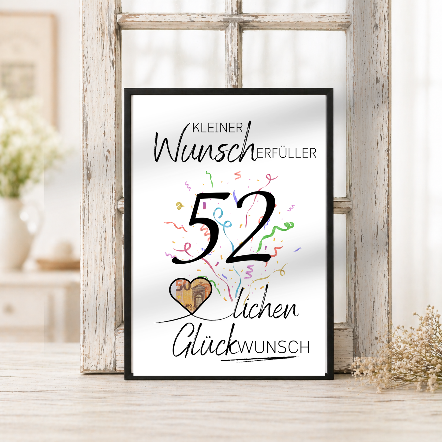 Geldgeschenk 52. Geburtstag Printable mit Schriftzug Kleiner Wunscherfüller, großer Zahl 52, buntem Konfetti und Herz für Geldschein als Digital Download DIN A4