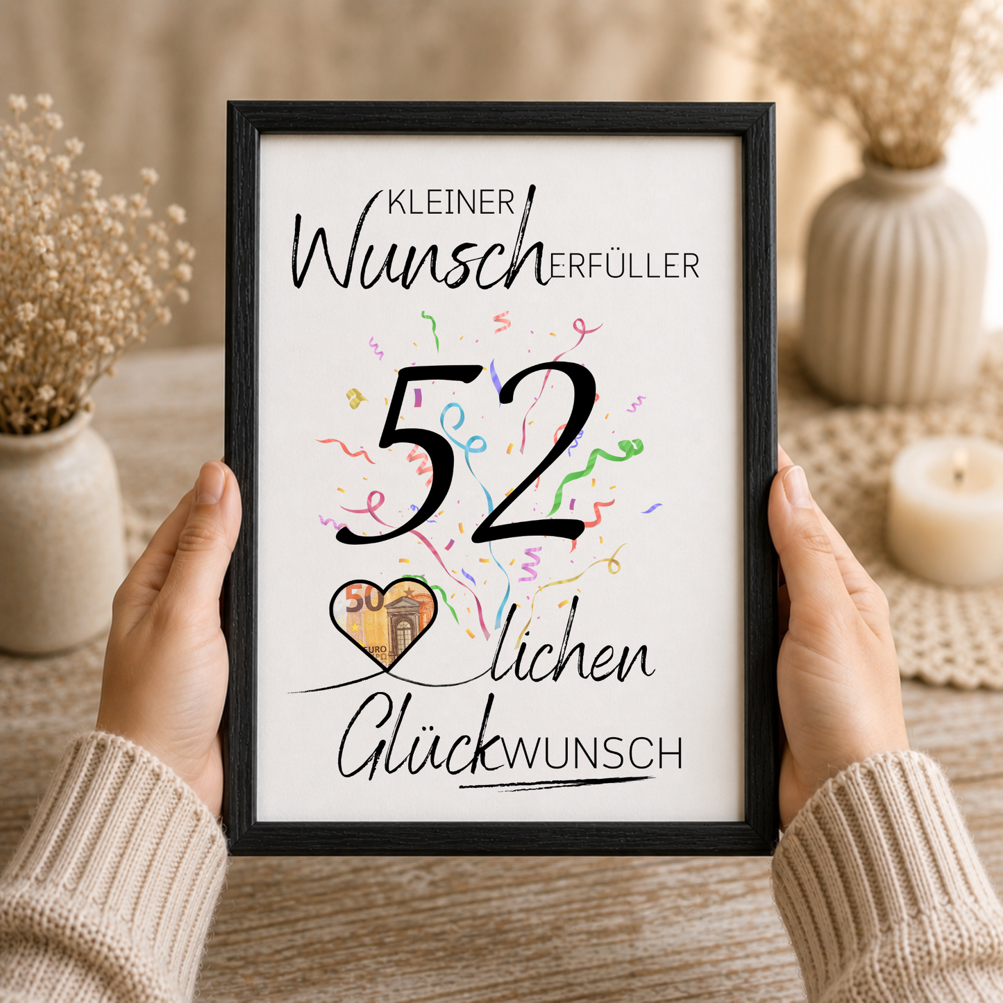 Geldgeschenk 52. Geburtstag Printable mit Schriftzug Kleiner Wunscherfüller, großer Zahl 52, buntem Konfetti und Herz für Geldschein als Digital Download DIN A4