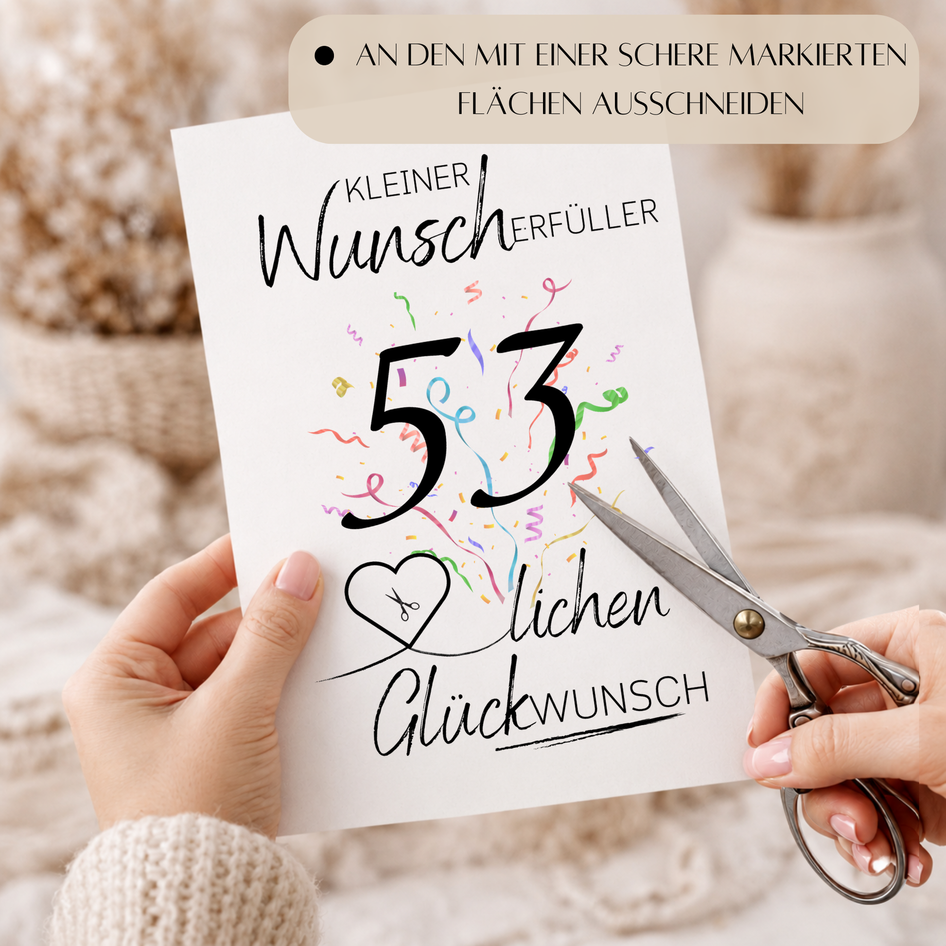 Geldgeschenk 53. Geburtstag Printable mit Konfetti, Herzmotiv für Geldschein, Kleiner Wunscherfüller, Glückwunsch Poster zum Ausdrucken als Digital Download
