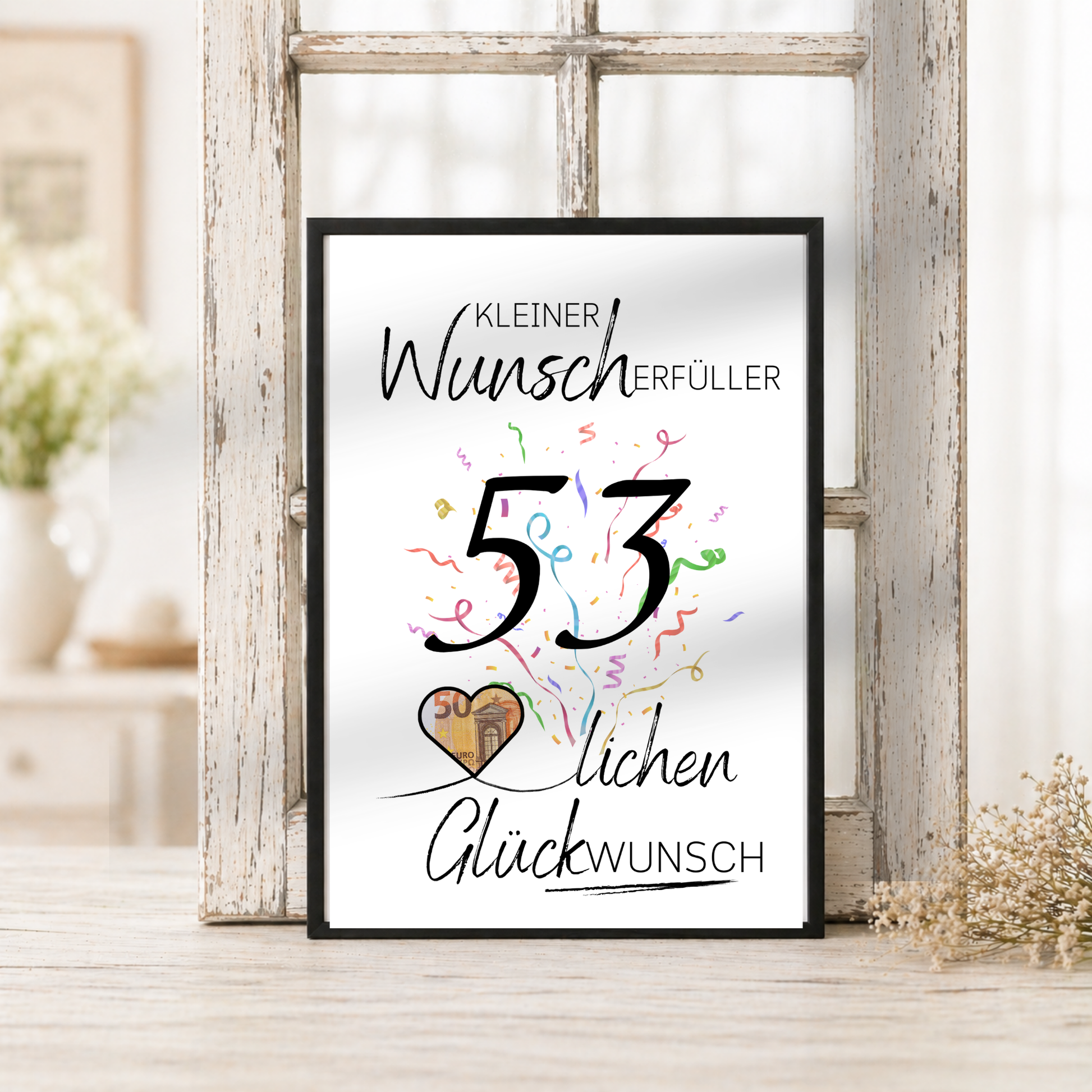 Geldgeschenk 53. Geburtstag Printable mit Konfetti, Herzmotiv für Geldschein, Kleiner Wunscherfüller, Glückwunsch Poster zum Ausdrucken als Digital Download