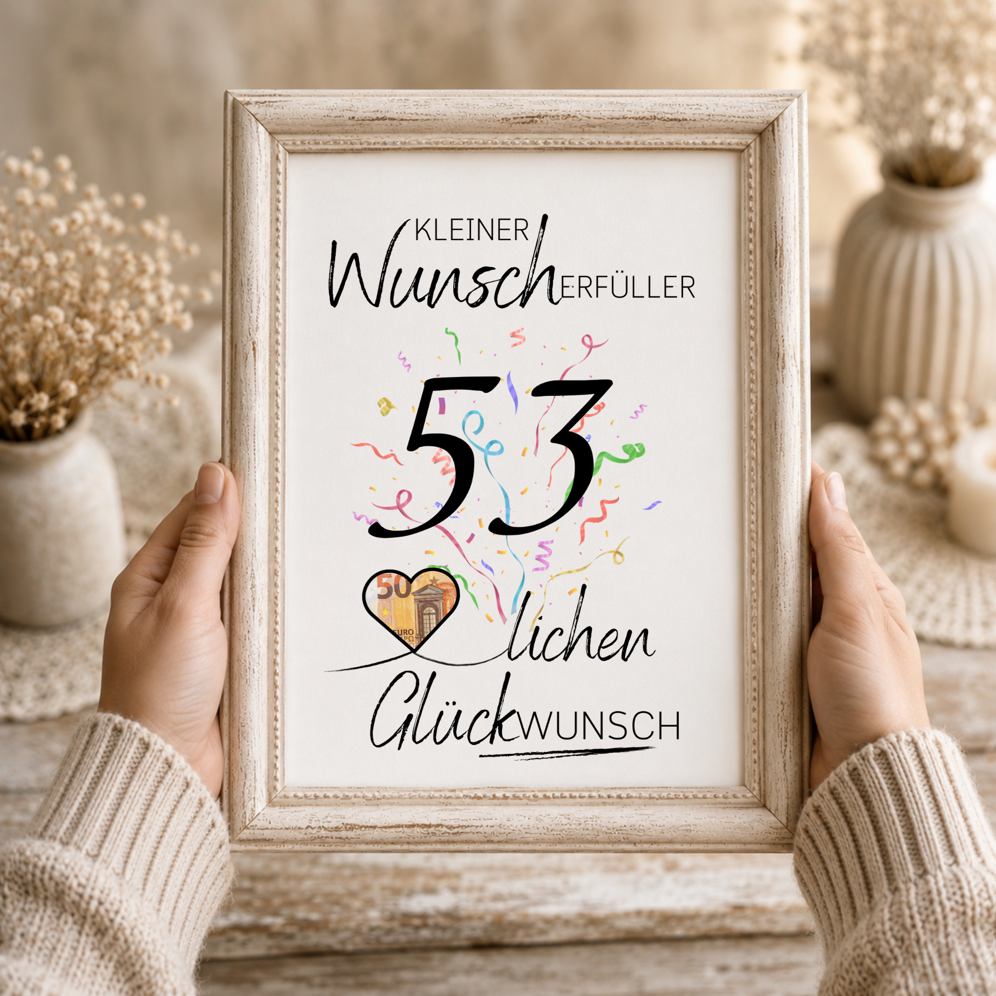 Geldgeschenk 53. Geburtstag Printable mit Konfetti, Herzmotiv für Geldschein, Kleiner Wunscherfüller, Glückwunsch Poster zum Ausdrucken als Digital Download