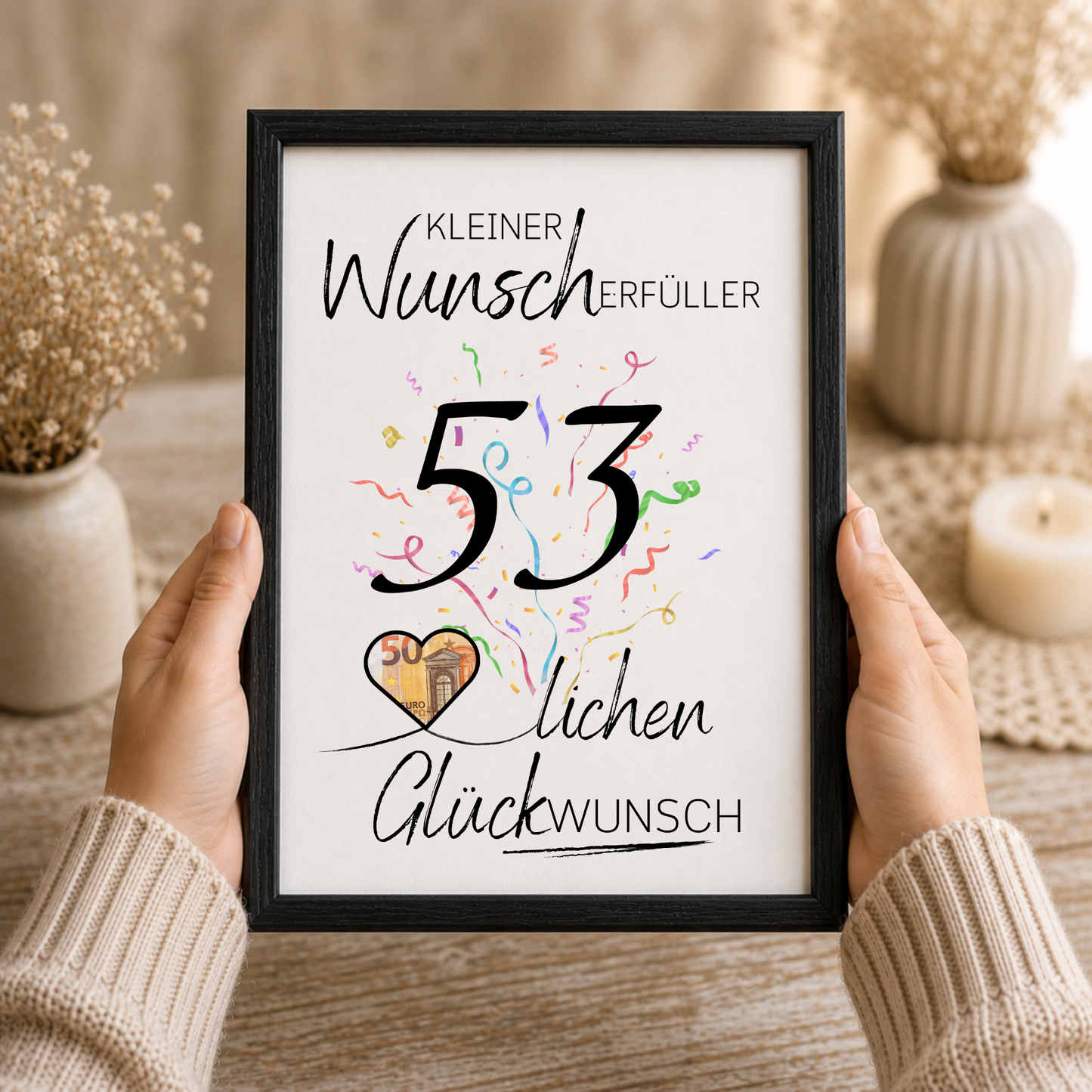 Geldgeschenk 53. Geburtstag Printable mit Konfetti, Herzmotiv für Geldschein, Kleiner Wunscherfüller, Glückwunsch Poster zum Ausdrucken als Digital Download