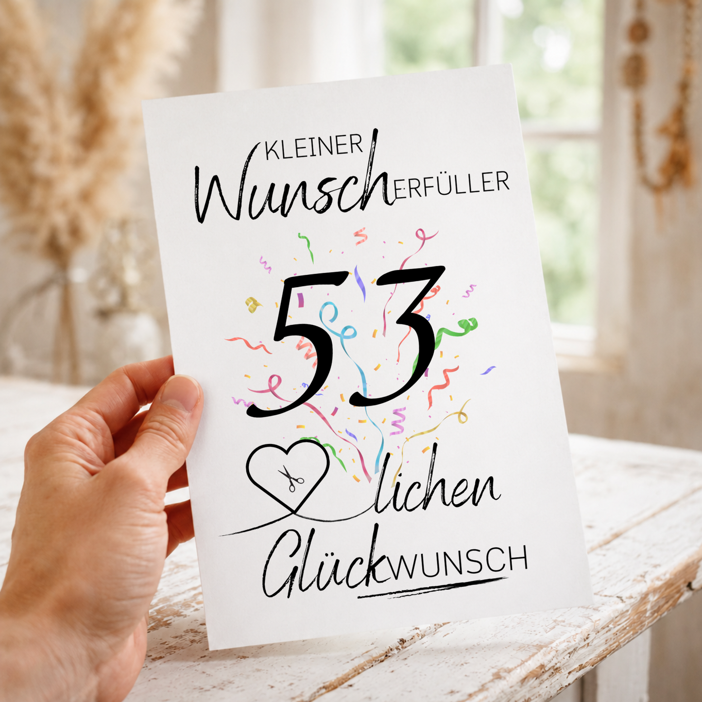 Geldgeschenk 53. Geburtstag Printable mit Konfetti, Herzmotiv für Geldschein, Kleiner Wunscherfüller, Glückwunsch Poster zum Ausdrucken als Digital Download