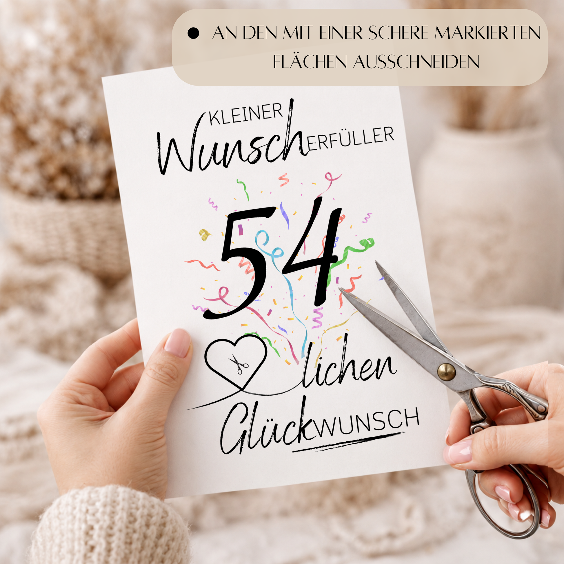 Geldgeschenk 54 Geburtstag Printable mit Konfetti, Herz zum Ausschneiden für Geldschein, Wunscherfüller Vorlage DIN A4 zum Ausdrucken