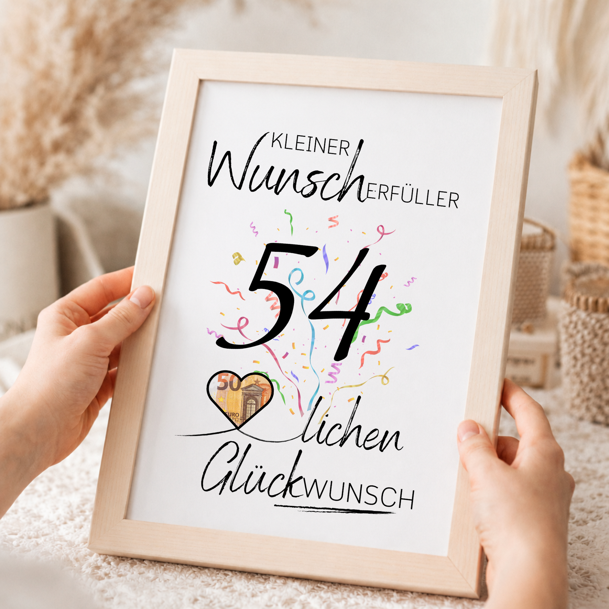 Geldgeschenk 54 Geburtstag Printable mit Konfetti, Herz zum Ausschneiden für Geldschein, Wunscherfüller Vorlage DIN A4 zum Ausdrucken