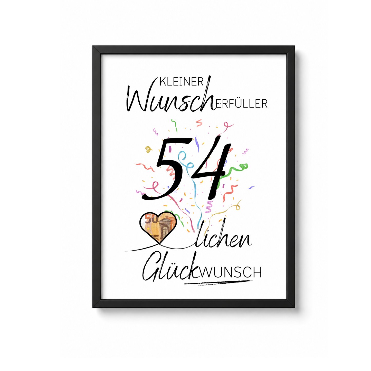 Geldgeschenk 54 Geburtstag Printable mit Konfetti, Herz zum Ausschneiden für Geldschein, Wunscherfüller Vorlage DIN A4 zum Ausdrucken