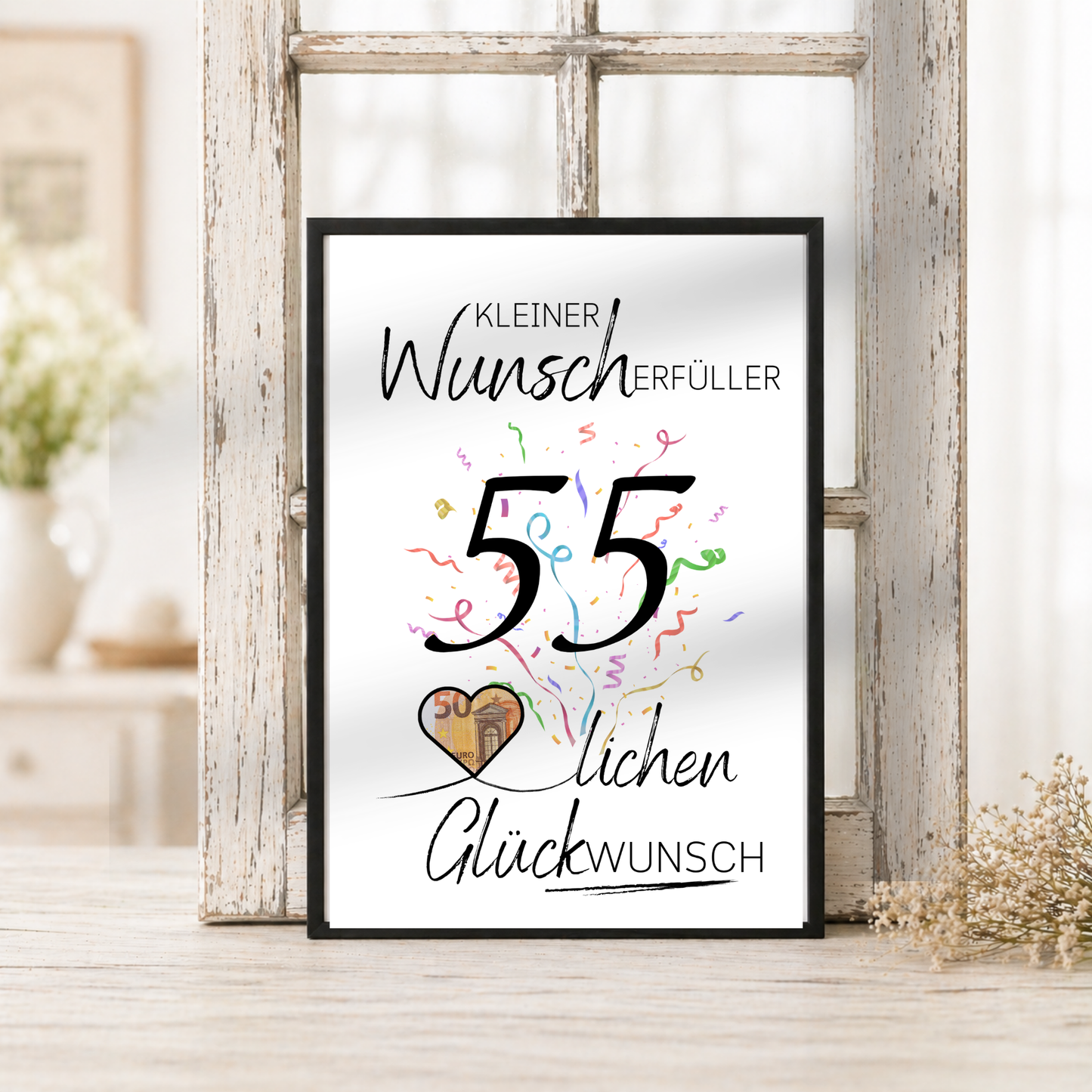 Geldgeschenk 55. Geburtstag Printable mit Konfetti, Schriftzug „Kleiner Wunscherfüller“, Herz für Geldschein und modernem Geburtstagsdesign zum Ausdrucken