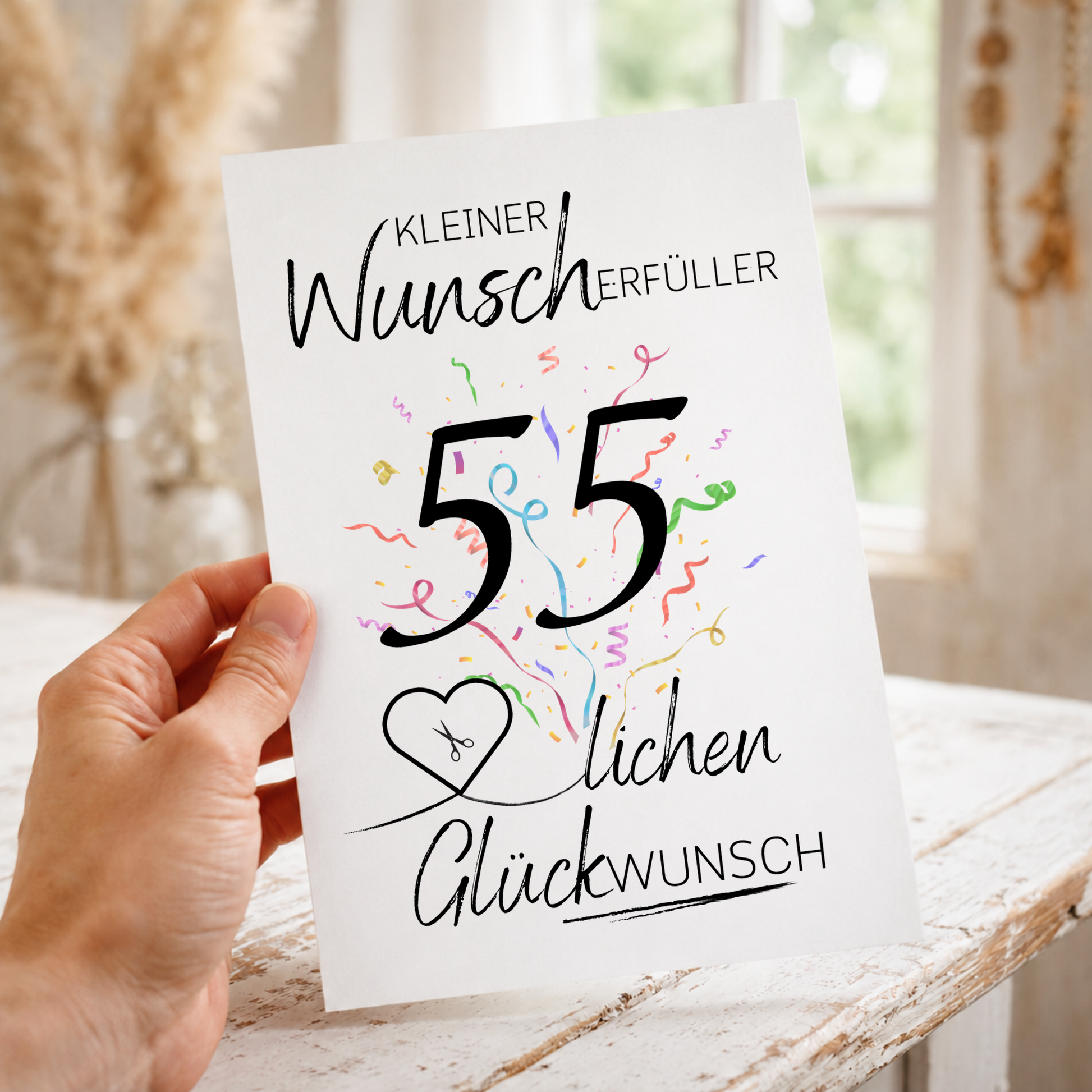 Geldgeschenk 55. Geburtstag Printable mit Konfetti, Schriftzug „Kleiner Wunscherfüller“, Herz für Geldschein und modernem Geburtstagsdesign zum Ausdrucken