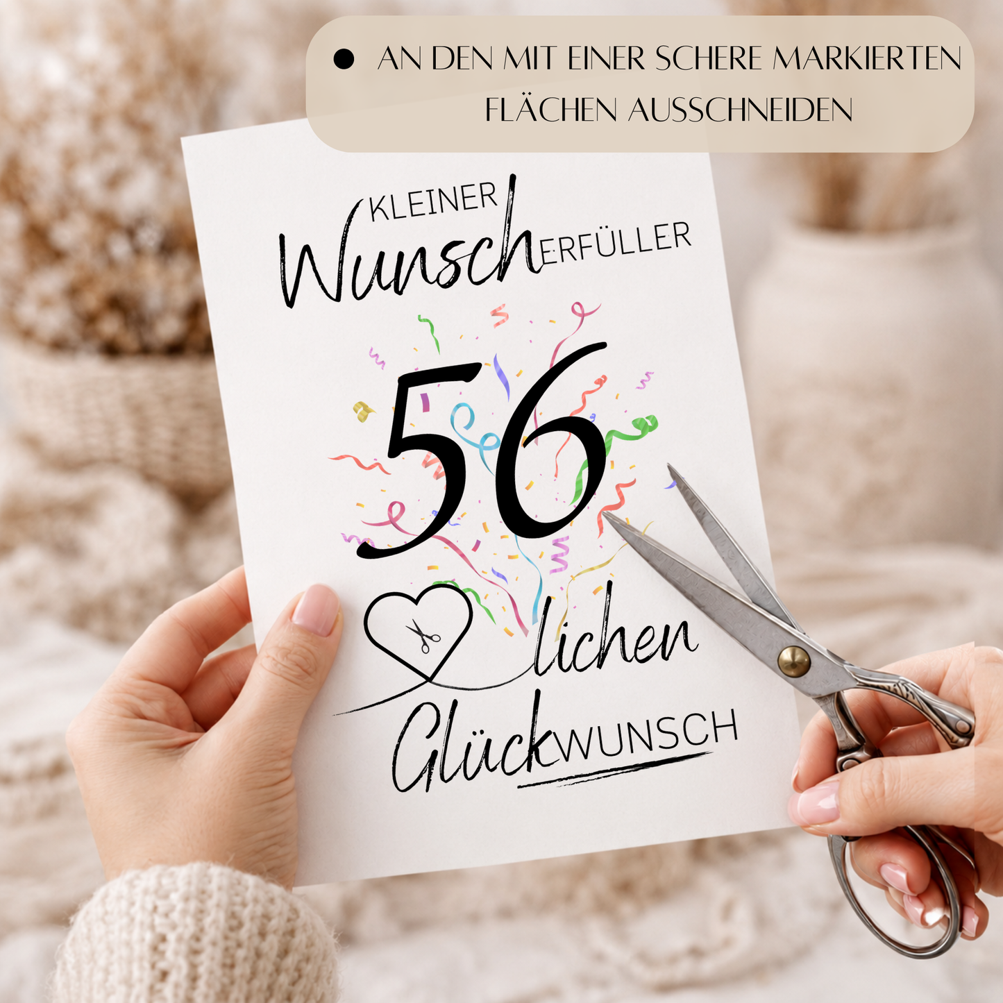 Geldgeschenk 56. Geburtstag Printable mit großer schwarzer Zahl 56, buntem Konfetti, Herz für Geldschein und Schriftzug Kleiner Wunscherfüller Glückwunsch als Digital Download DIN A4