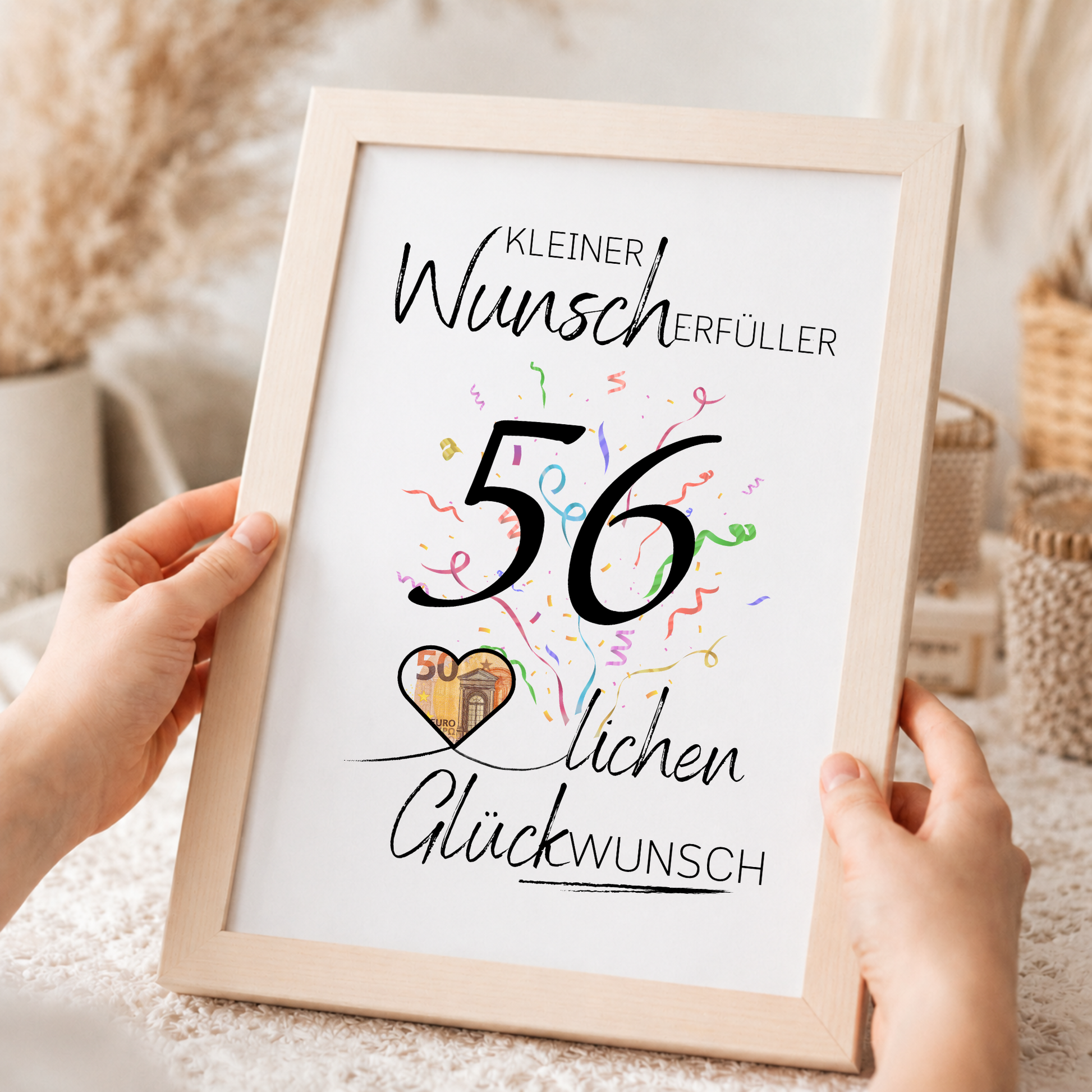 Geldgeschenk 56. Geburtstag Printable mit großer schwarzer Zahl 56, buntem Konfetti, Herz für Geldschein und Schriftzug Kleiner Wunscherfüller Glückwunsch als Digital Download DIN A4