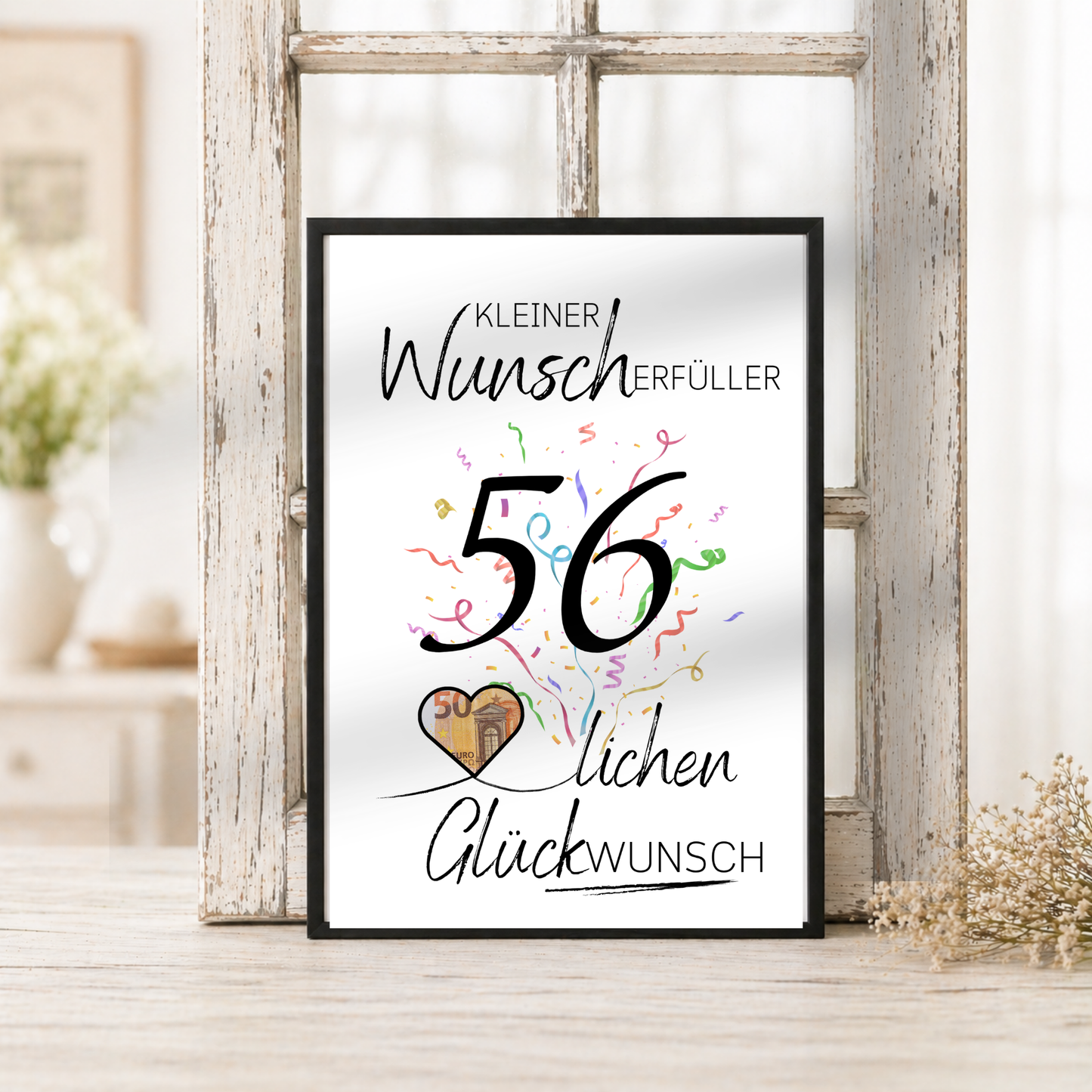 Geldgeschenk 56. Geburtstag Printable mit großer schwarzer Zahl 56, buntem Konfetti, Herz für Geldschein und Schriftzug Kleiner Wunscherfüller Glückwunsch als Digital Download DIN A4
