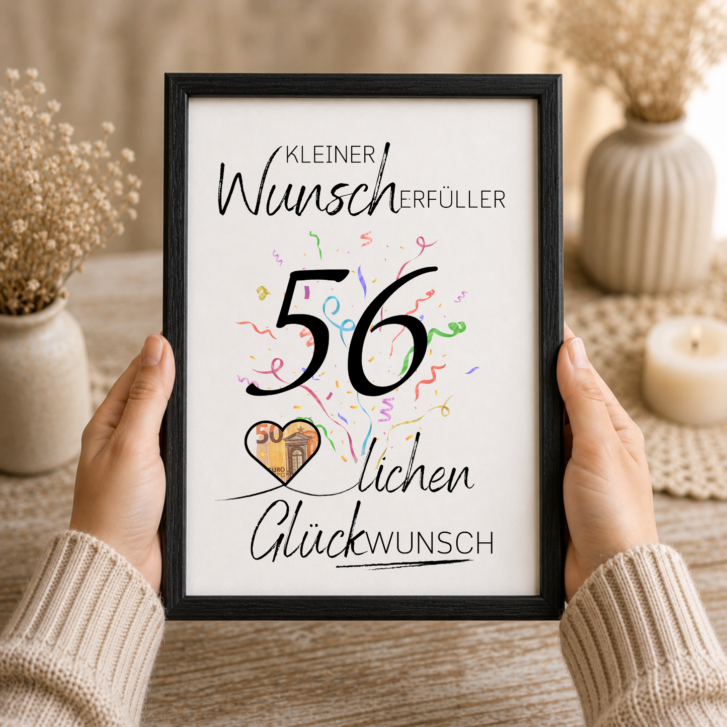 Geldgeschenk 56. Geburtstag Printable mit großer schwarzer Zahl 56, buntem Konfetti, Herz für Geldschein und Schriftzug Kleiner Wunscherfüller Glückwunsch als Digital Download DIN A4