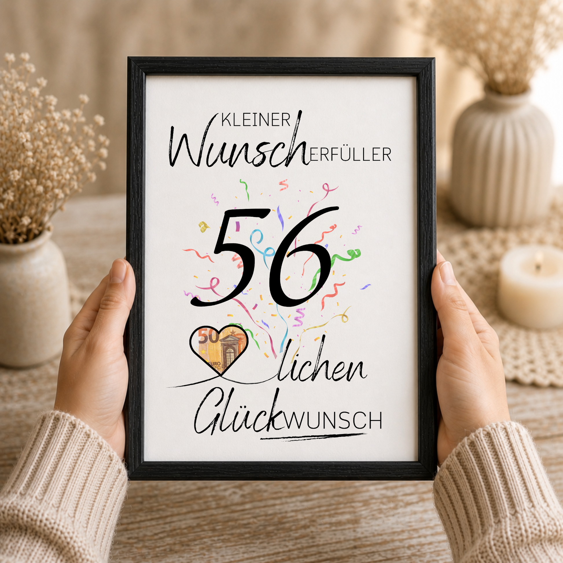Geldgeschenk 56. Geburtstag Printable mit großer schwarzer Zahl 56, buntem Konfetti, Herz für Geldschein und Schriftzug Kleiner Wunscherfüller Glückwunsch als Digital Download DIN A4